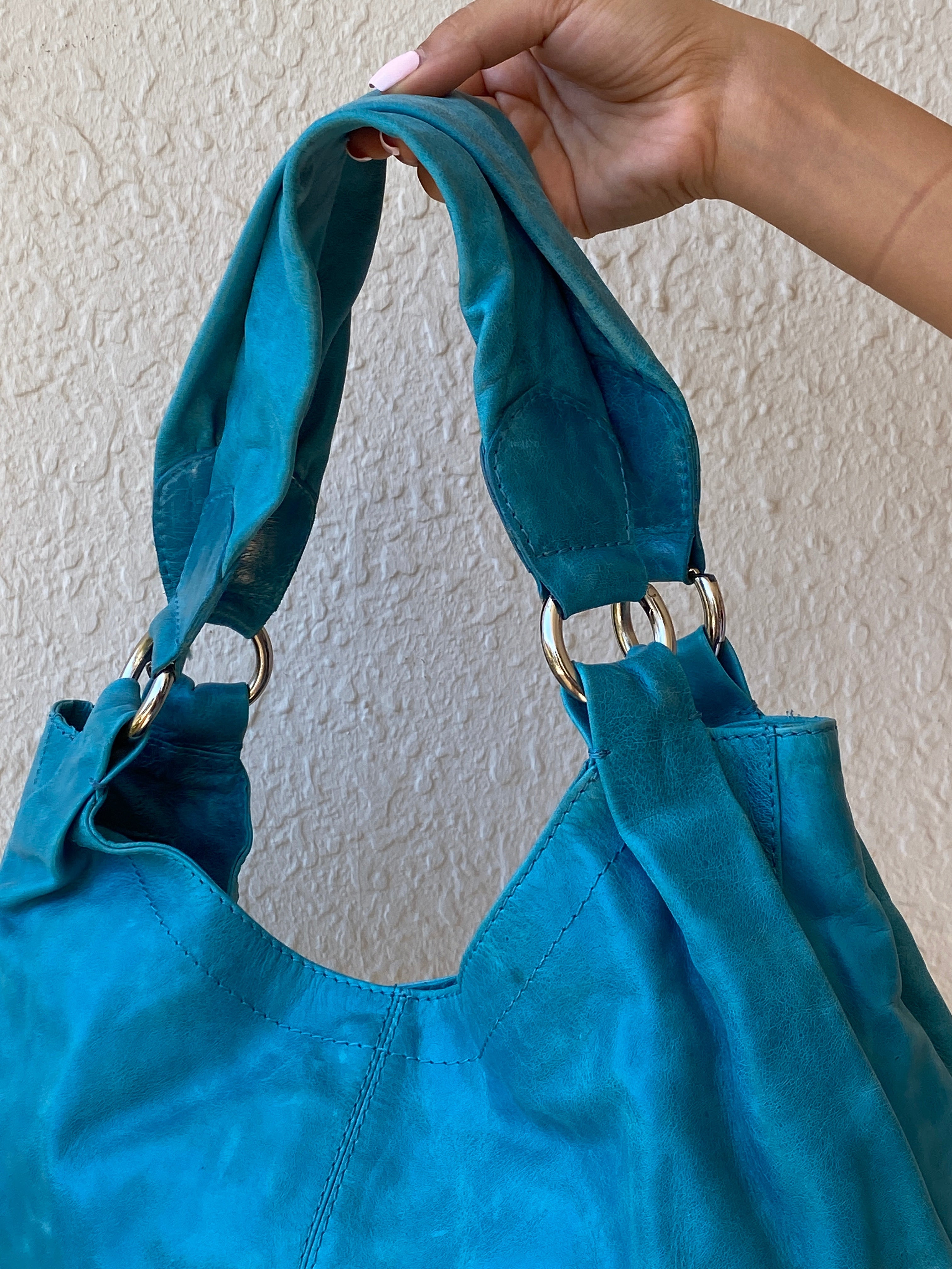 Vintage Y2K Bejin Korf Turquoise Genuine Leather Slouchy Hobo Shoulder Bag