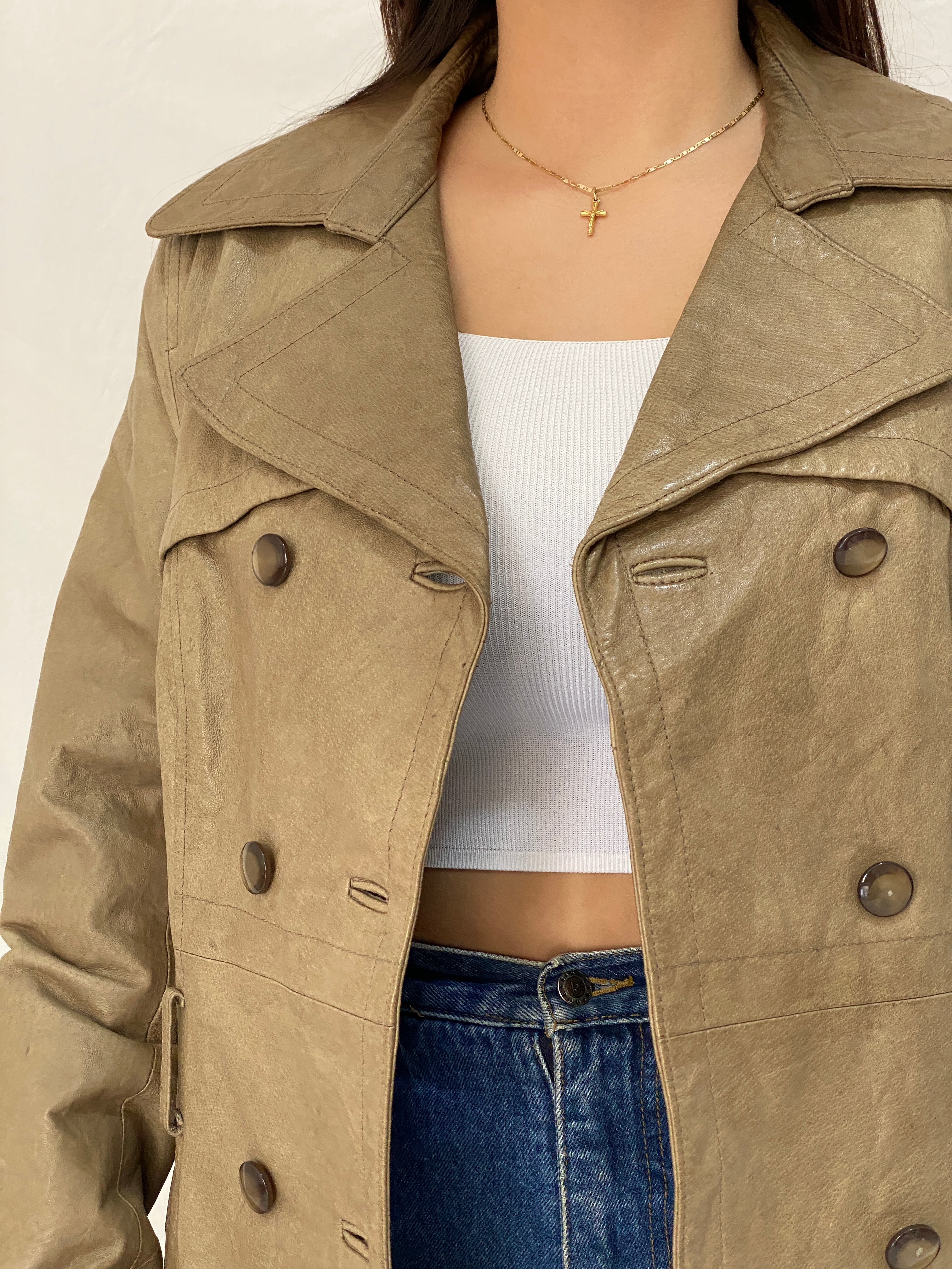 Vintage Plural Genuine Leather Olive Green Trench Style Jacket - L