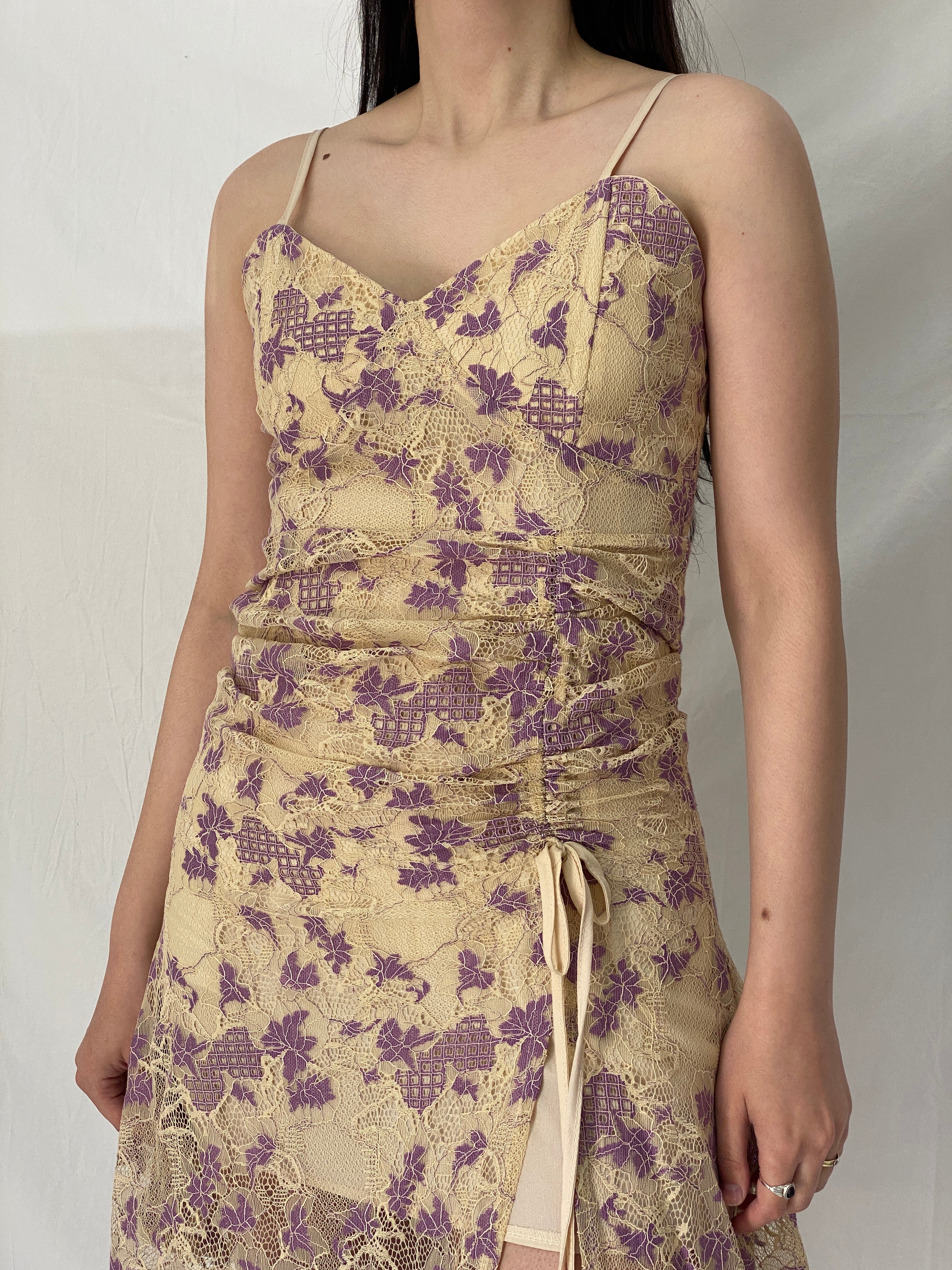 Vintage Y2K Six One Fashion Cream & Purple Floral Lace Ruched Tie-Side Slip Dress - M