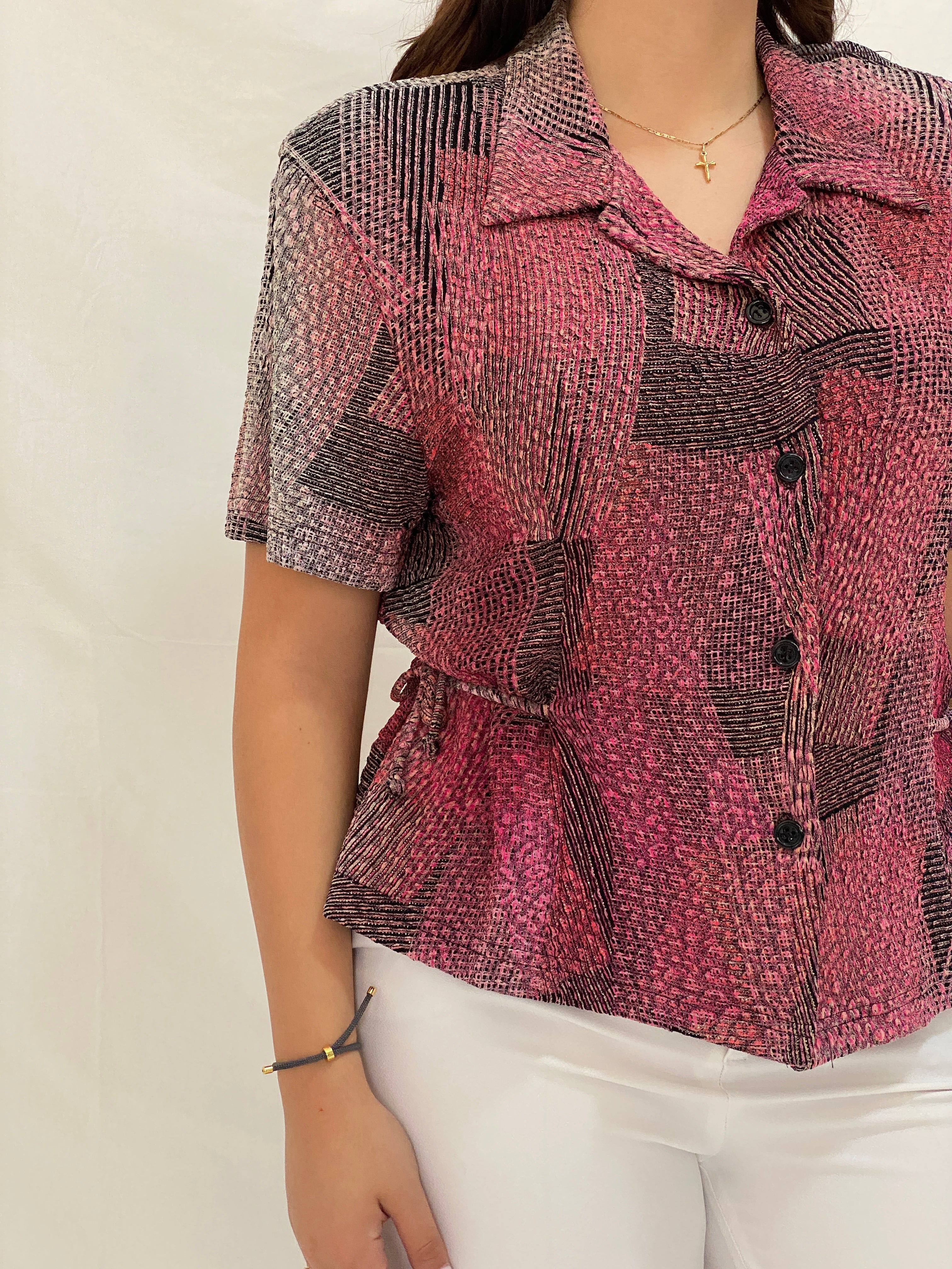 Vintage Positive Attitude Abstract Pink Button-Down Blouse Short Sleeve 90s Shirt - XL