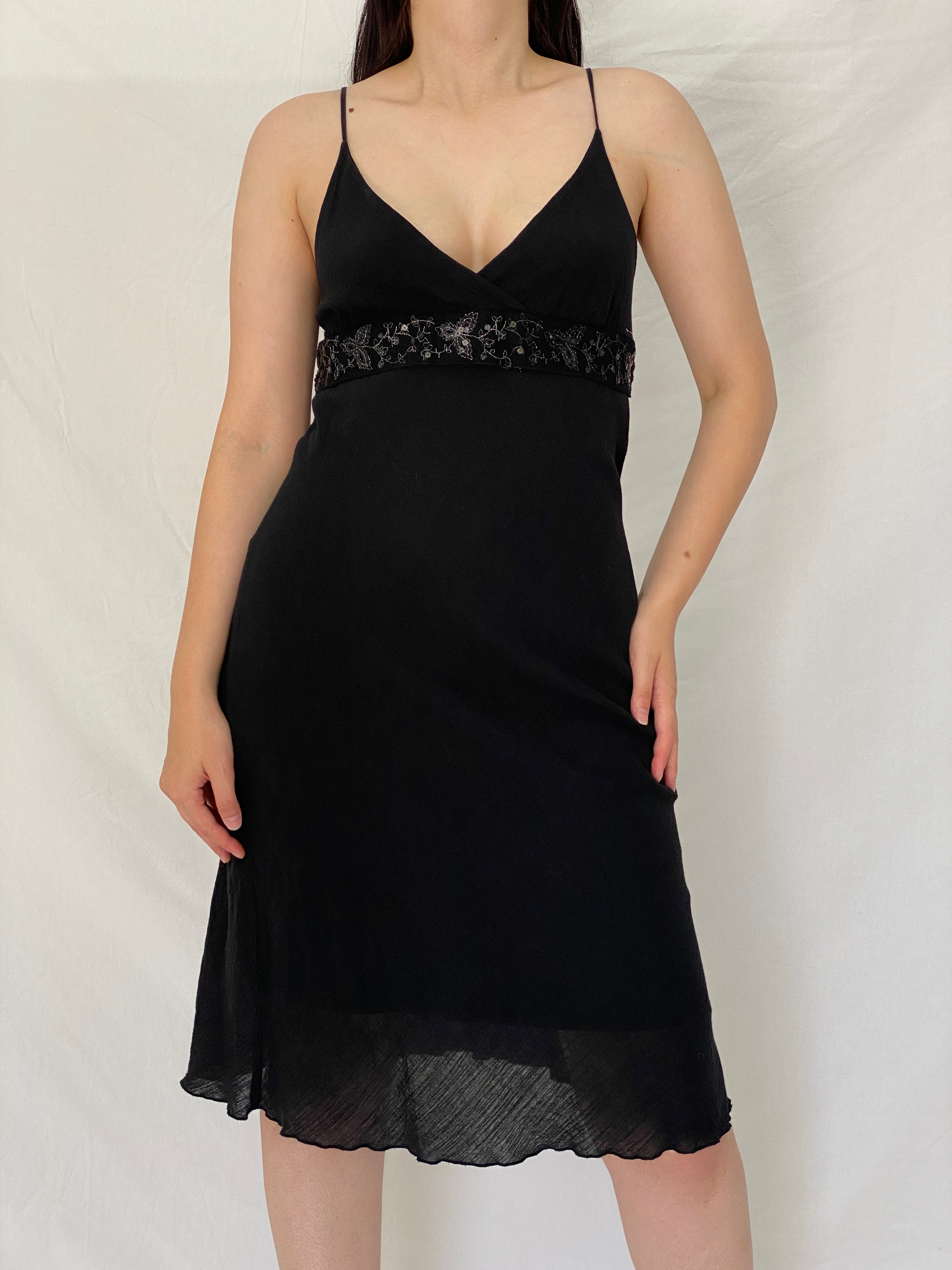 Vintage Y2K Wawa Black Embroidered Empire Waist Midi Slip Dress - L
