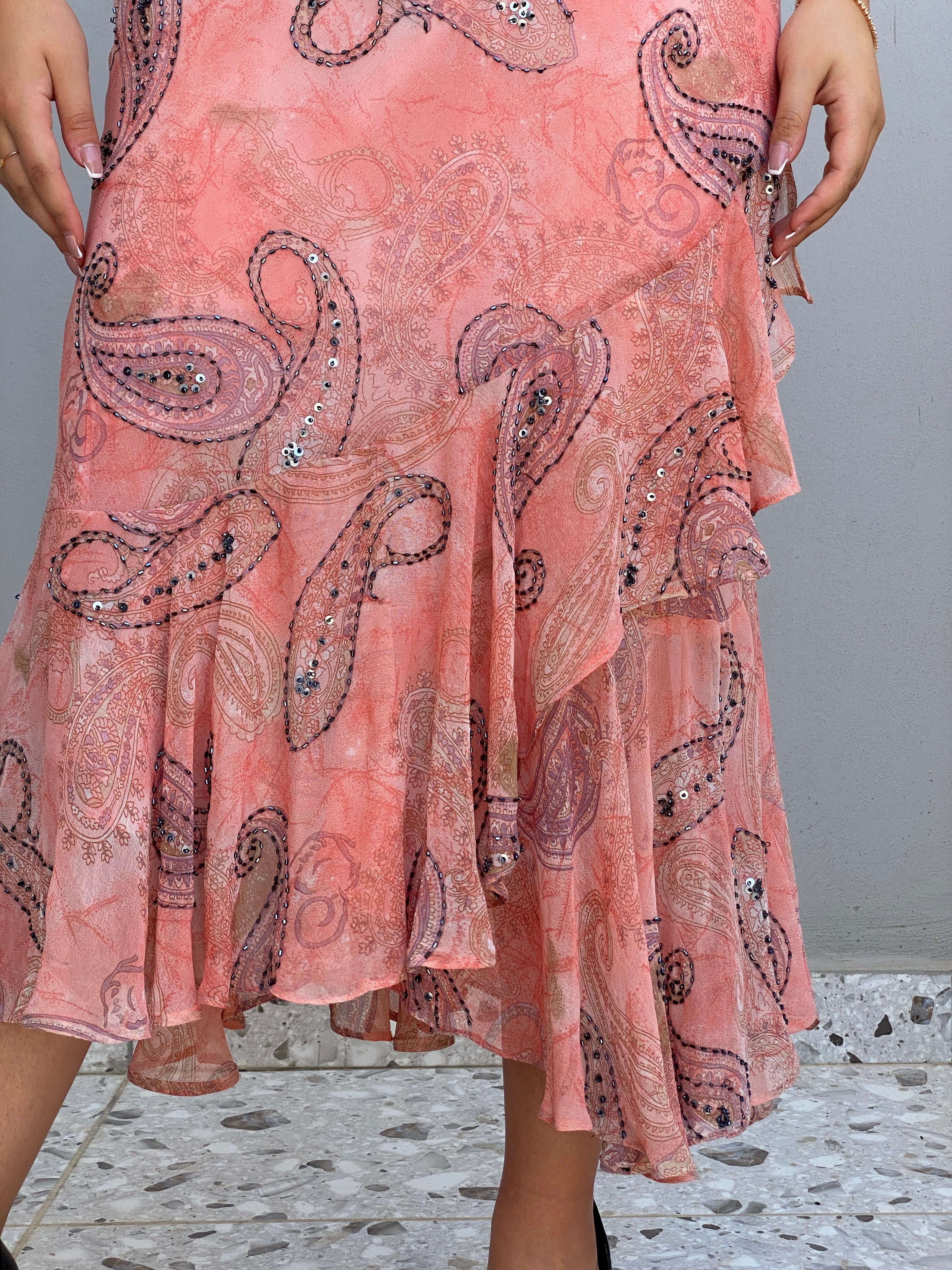 Vintage Solitaire by Ravi Khosla Pink Sheer Beaded Paisley Fairycore Maxi Dress – L