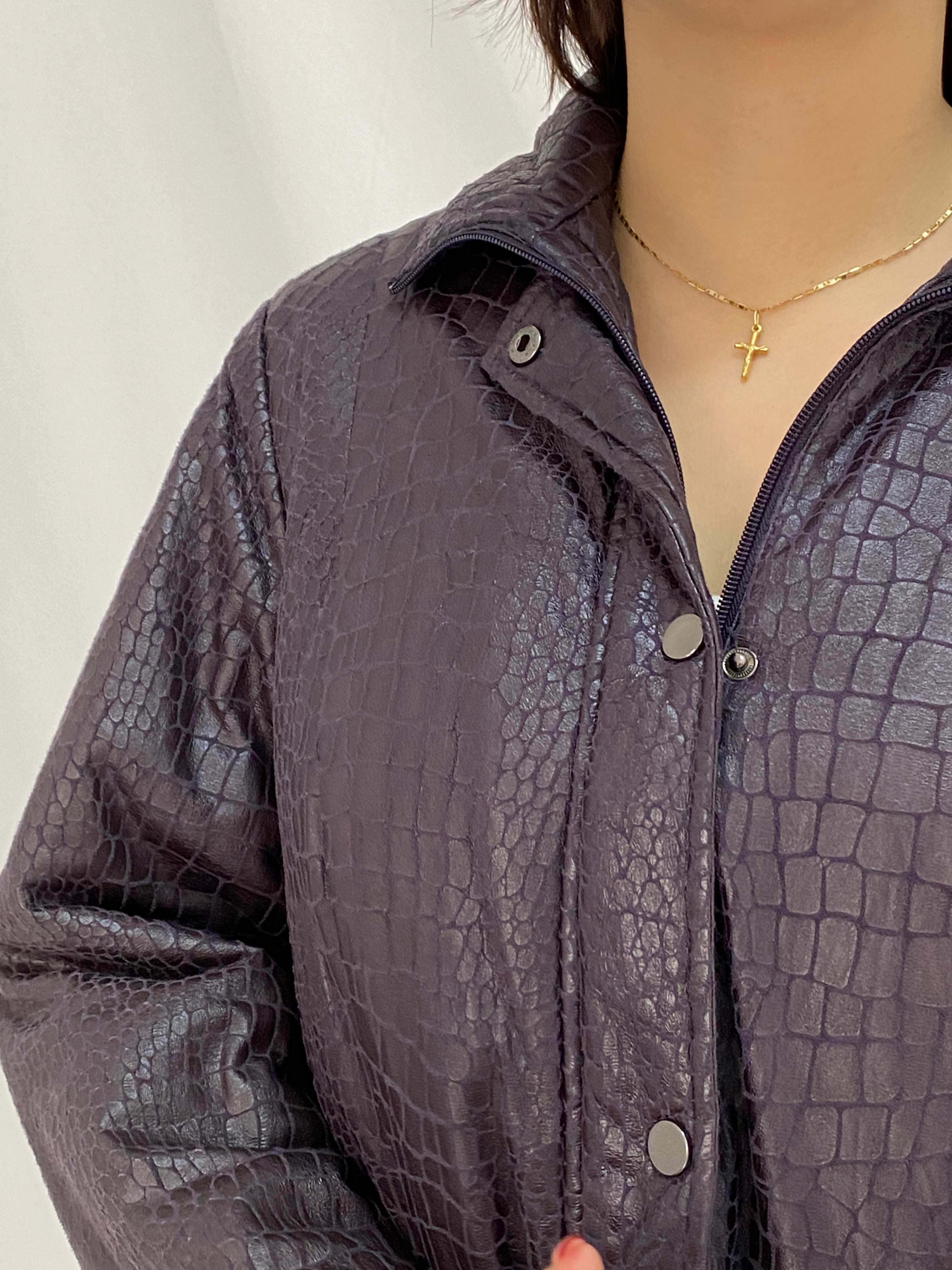 Vintage Purple Croc-Embossed Textured Longline Jacket Button-Up Coat - L
