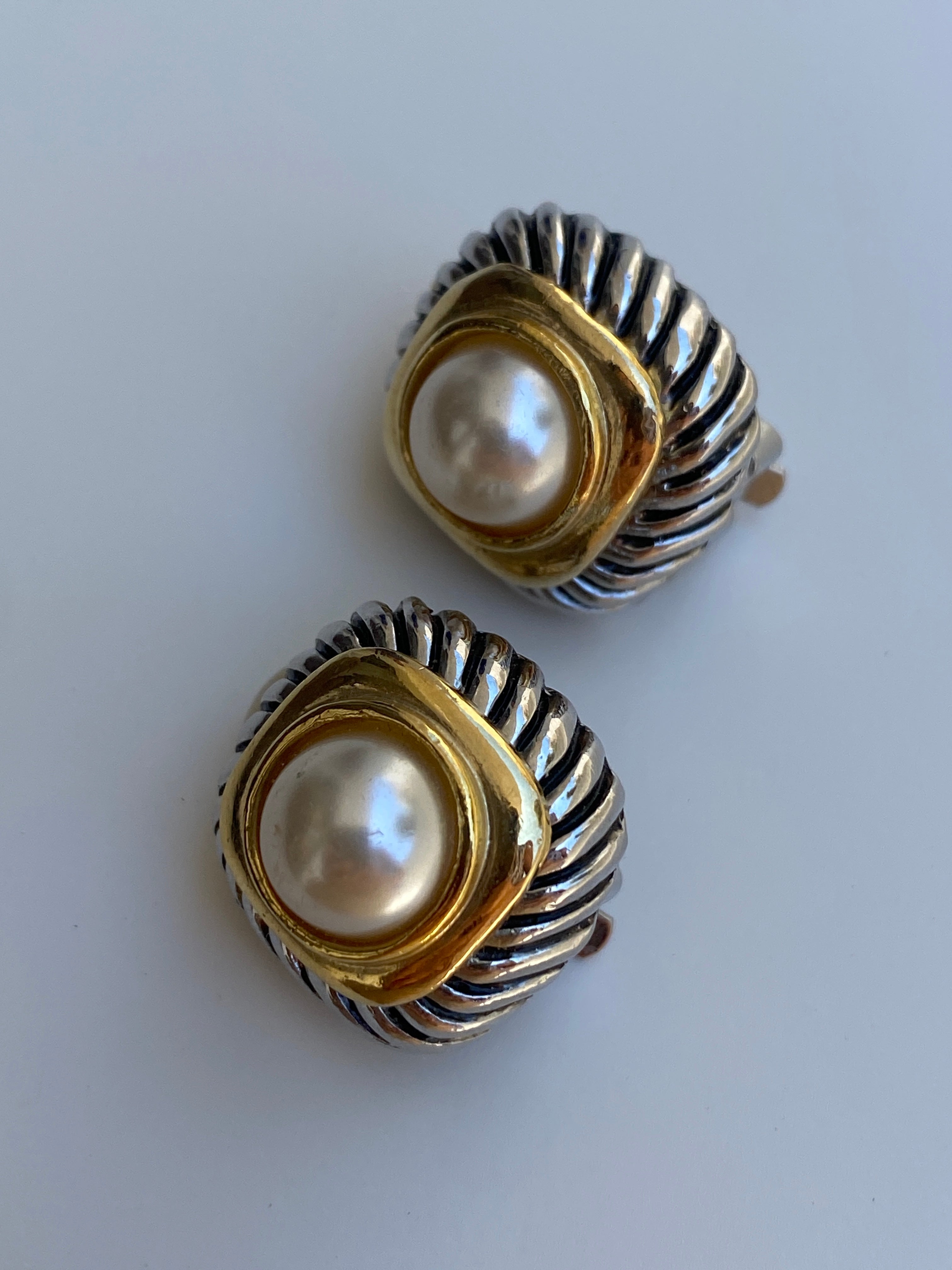 Vintage Two-Tone Faux Pearl Ribbed Clip-On Gold & Silver Earrings