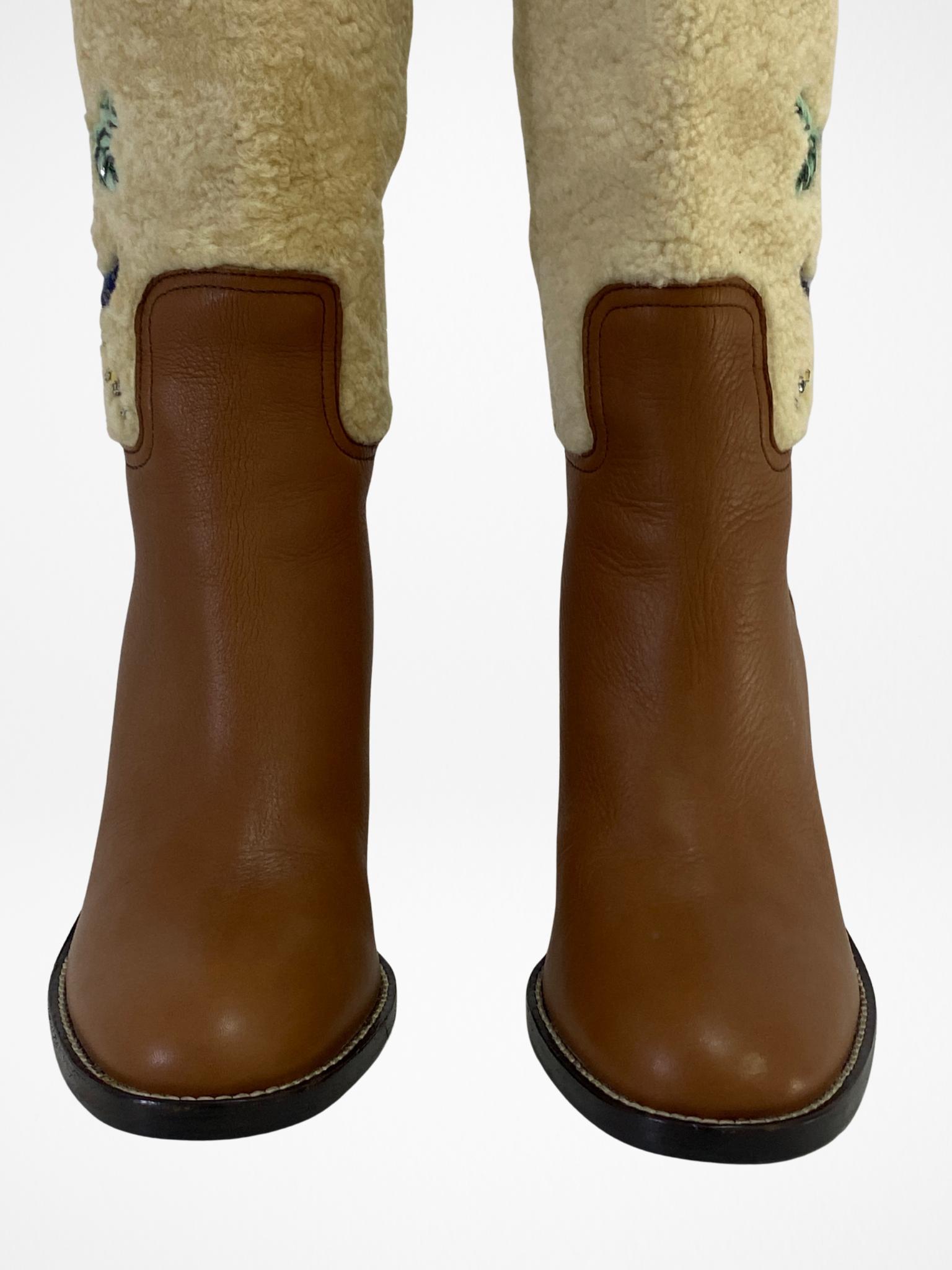 Vintage Miu Miu Brown Leather & Shearling Embroidered Knee-High Boots Block Heel - EU 38.5