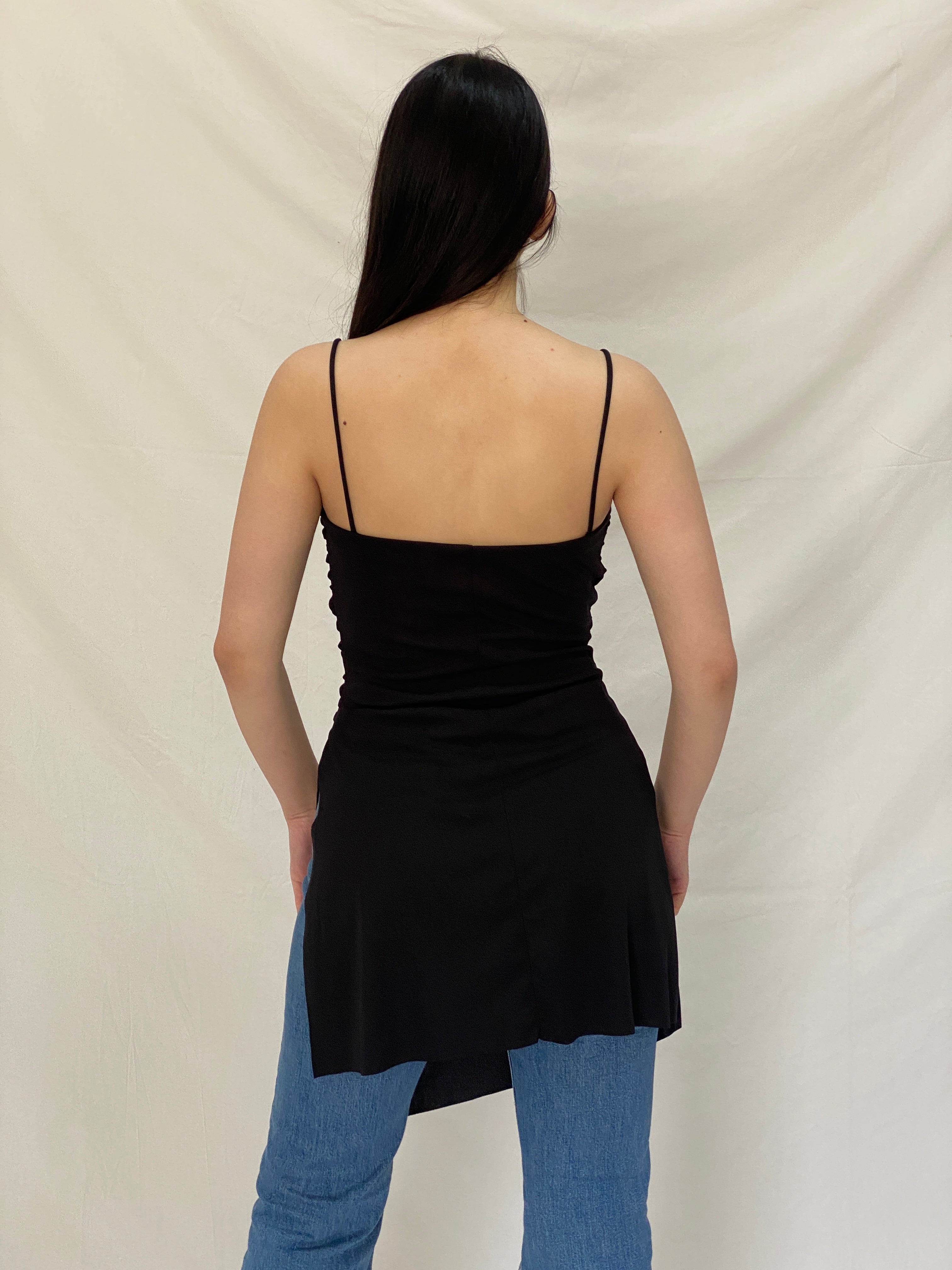 Vintage Y2K A-list Black Asymmetric Ruched Cami Stretch Minimalist Top - M