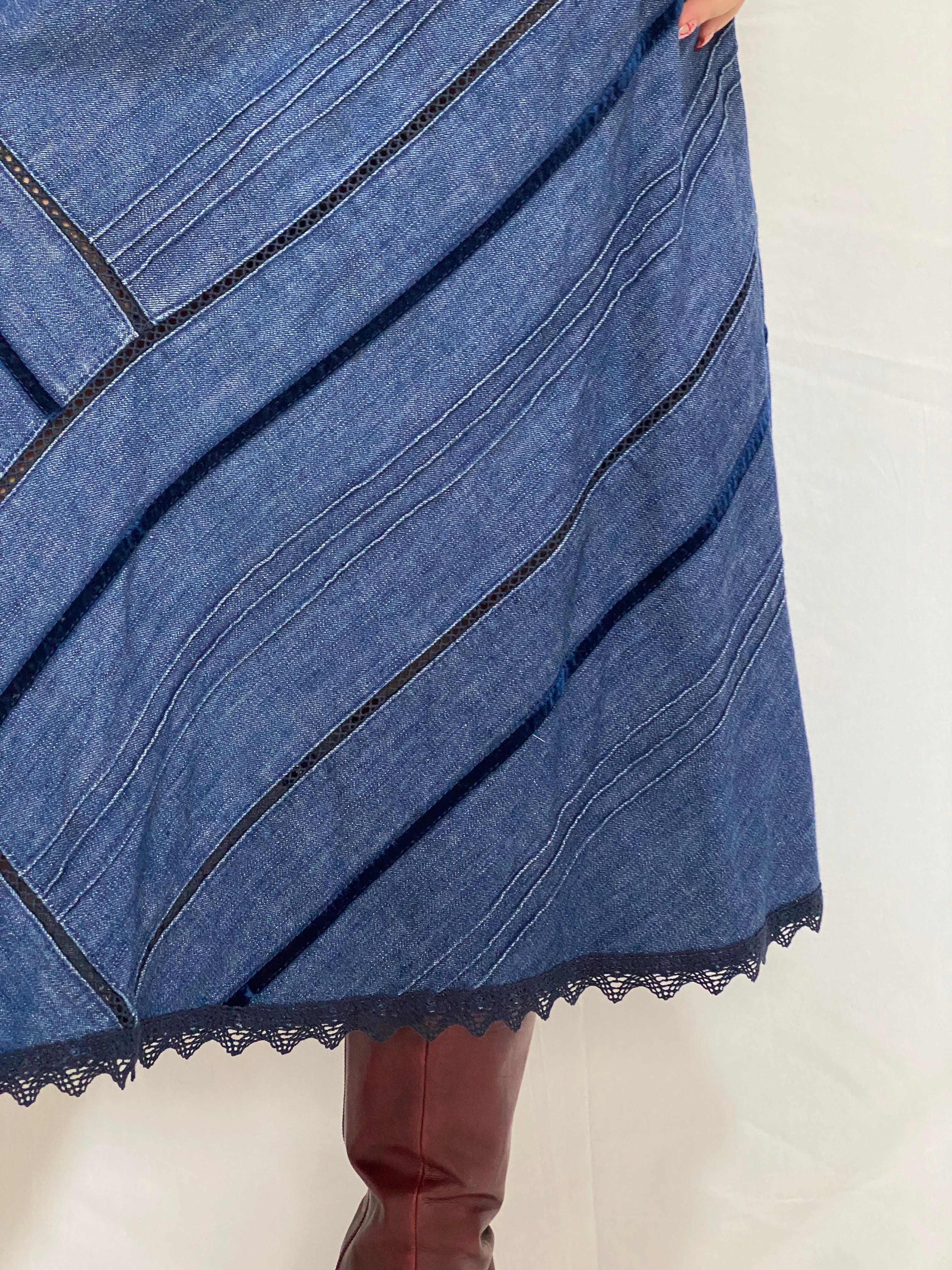 Handmade Patchwork Denim Midi Skirt Y2K Asymmetric Panel Skirt with Lace Trim - XL