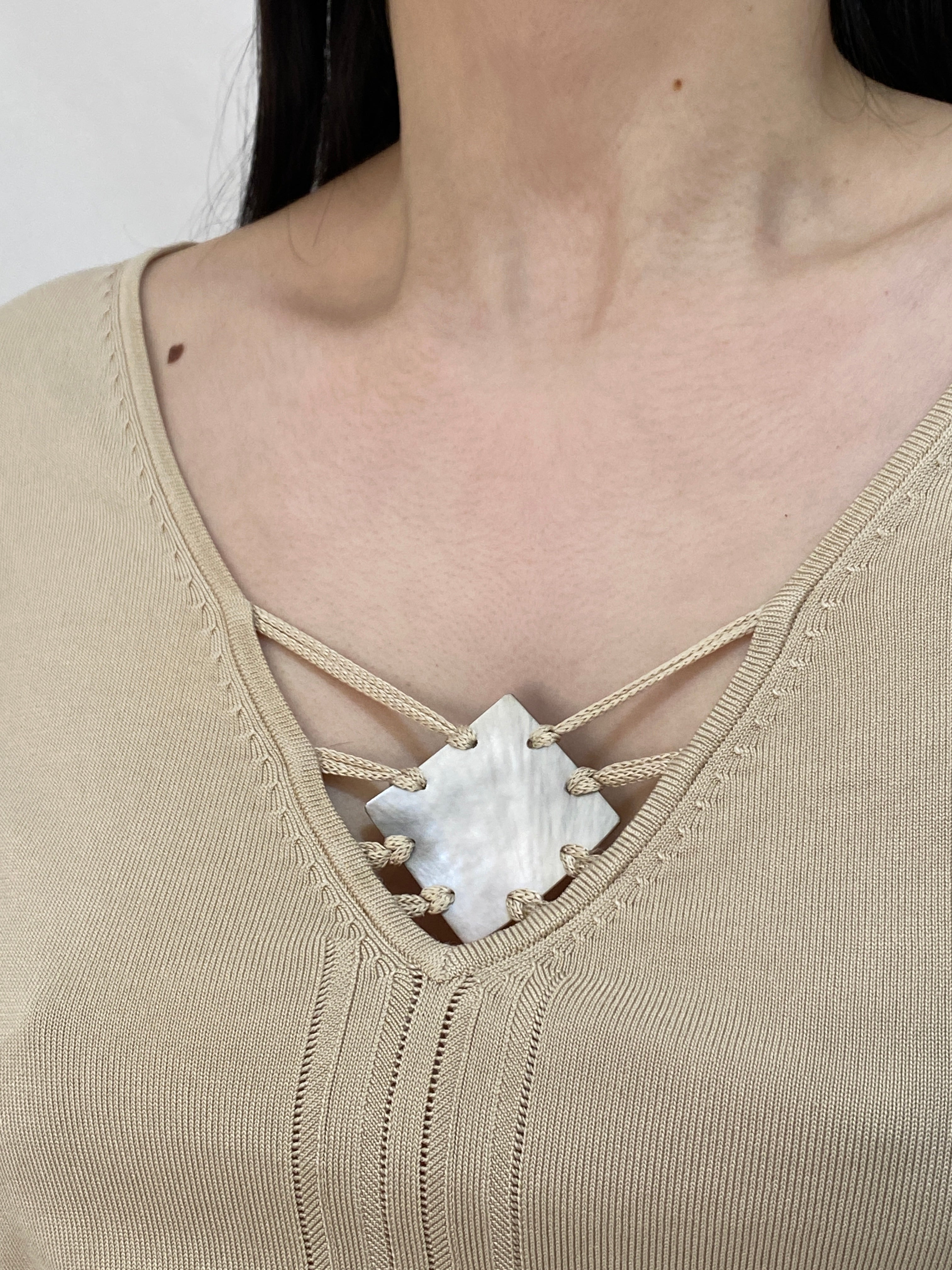 Vintage 90s Apriori Piu Beige Silk Blend Knit Top Minimalist Lace-Up Neckline - M