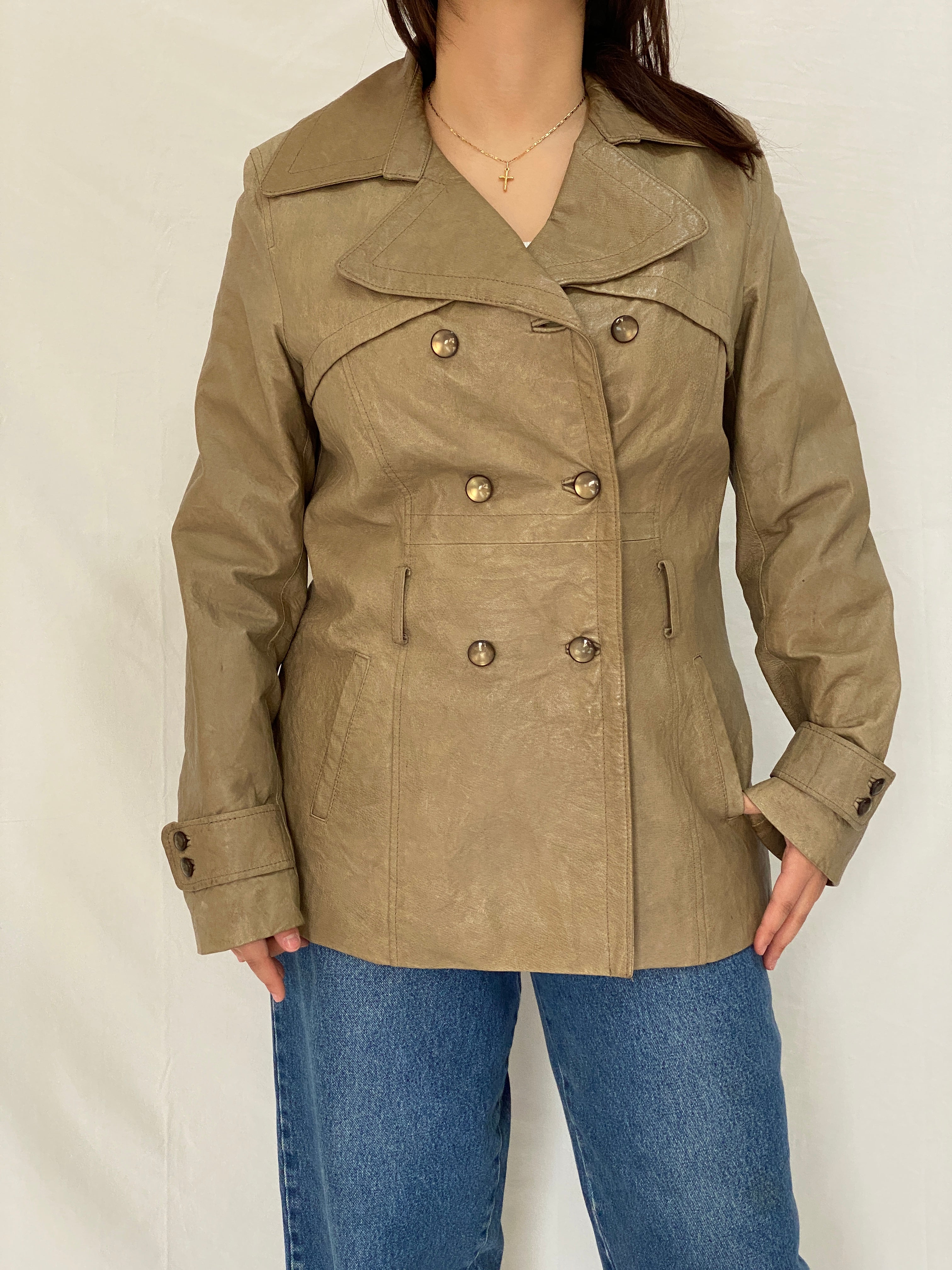 Vintage Plural Genuine Leather Olive Green Trench Style Jacket - L