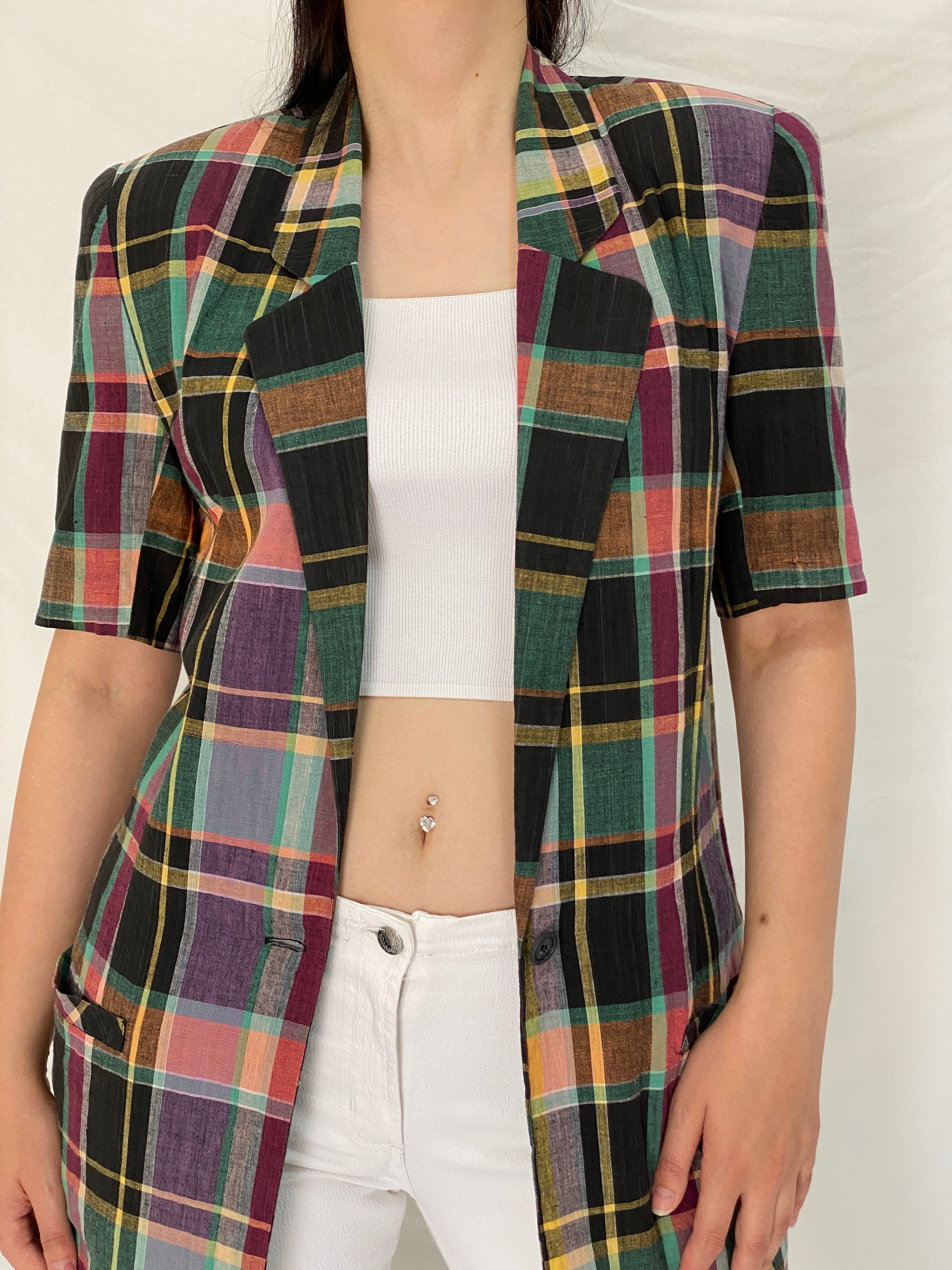 Vintage 90s Liz Claiborne Multicolor Plaid Cotton Short Sleeve Blazer - S