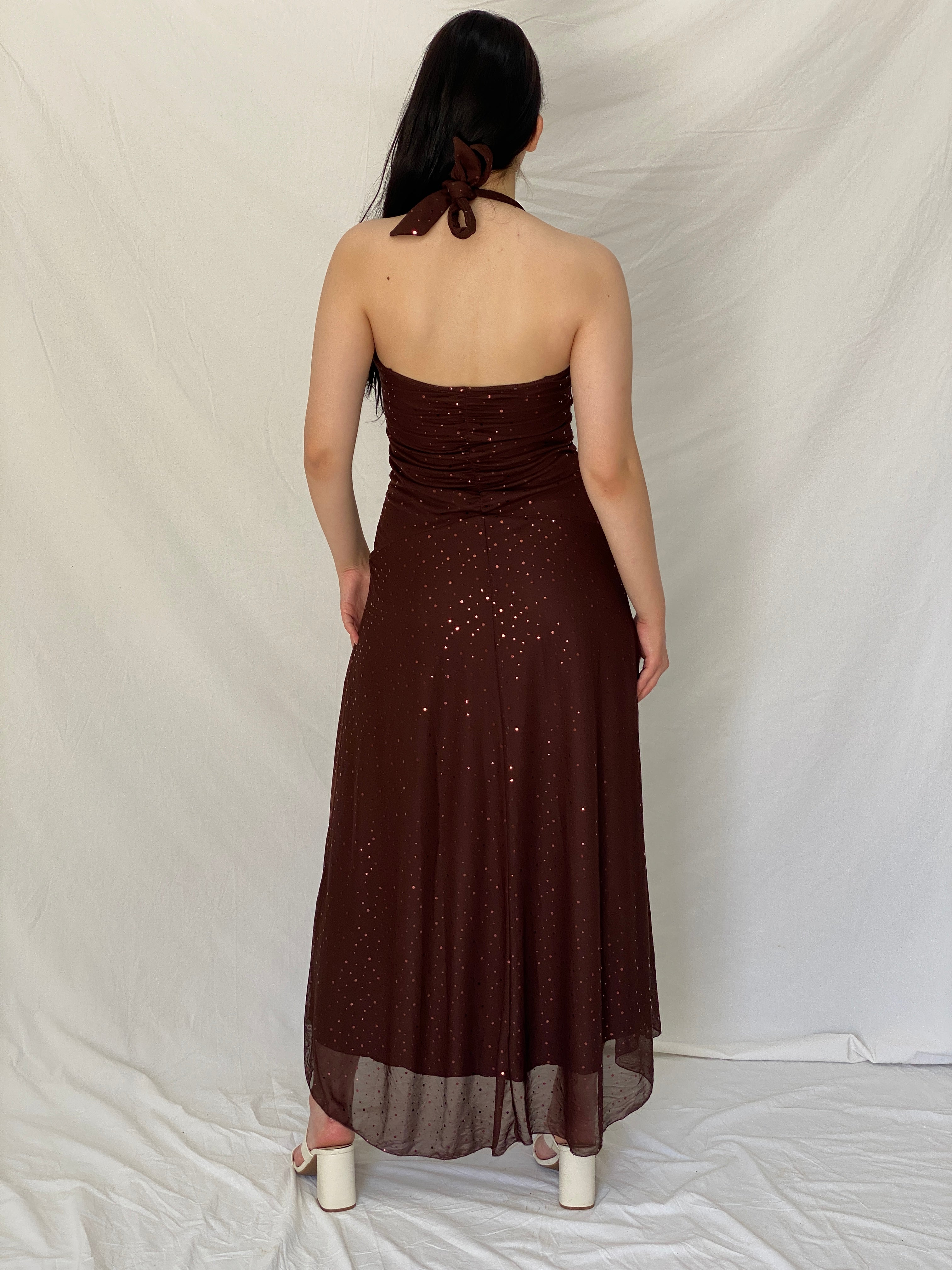 Vintage Y2K City Triangles Chocolate Brown Sequin Ruched Halter High-Low Maxi Dress - M