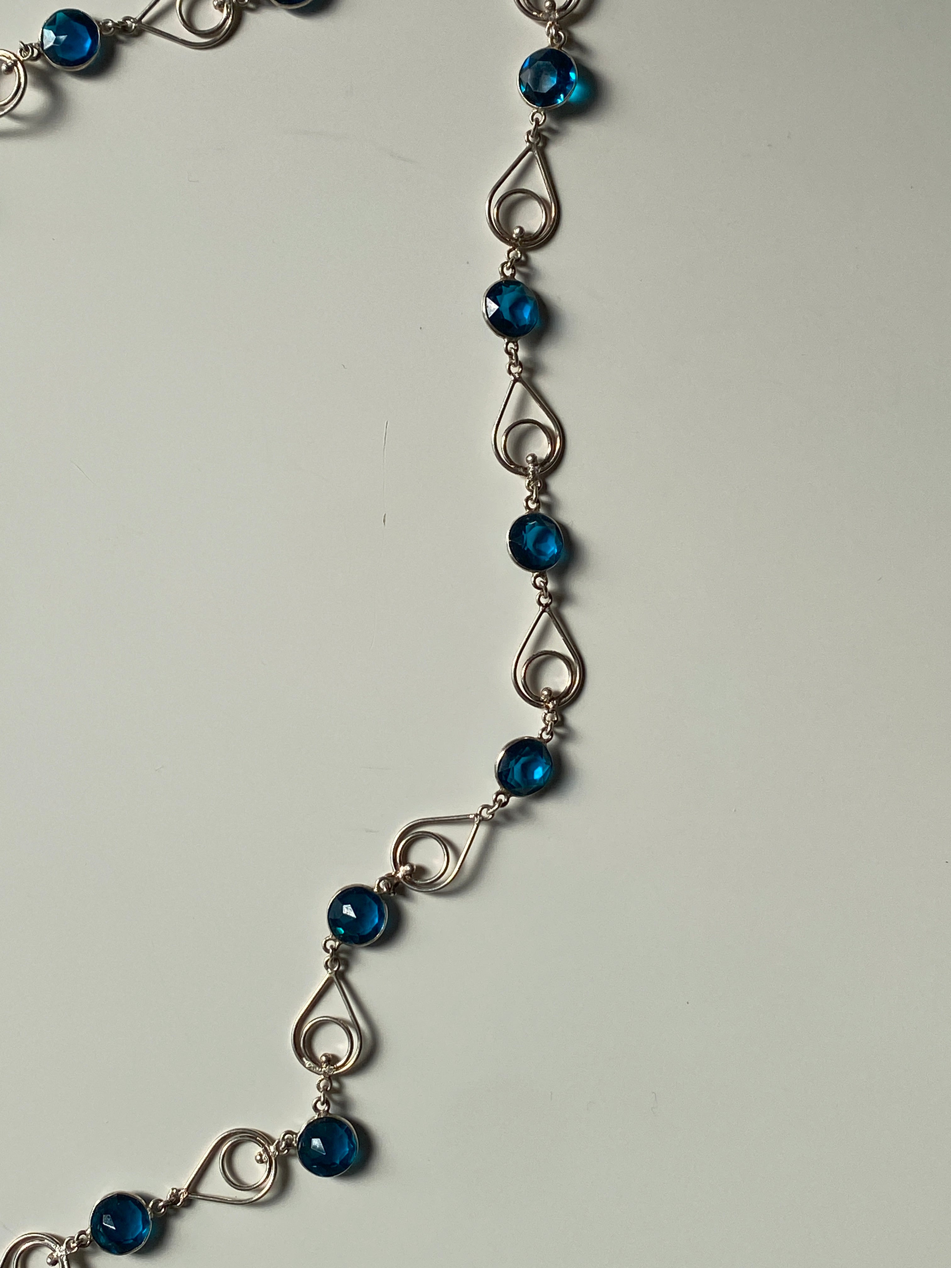 Vintage Blue Crystal Link Necklace Silver Tone Swirl Chain Statement Necklace