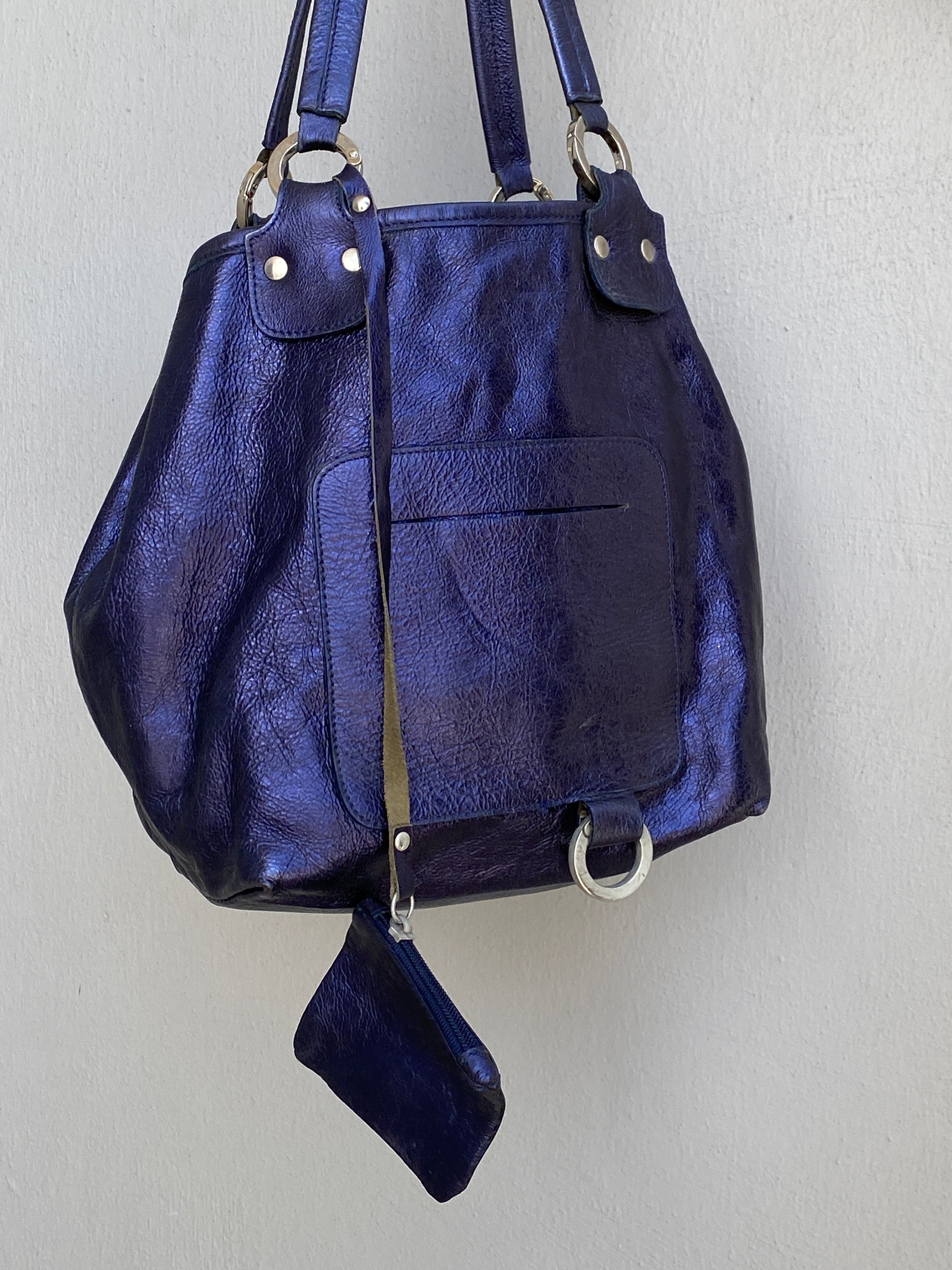 Vintage Y2K Metallic Blue Genuine Leather Slouchy Shoulder Bag