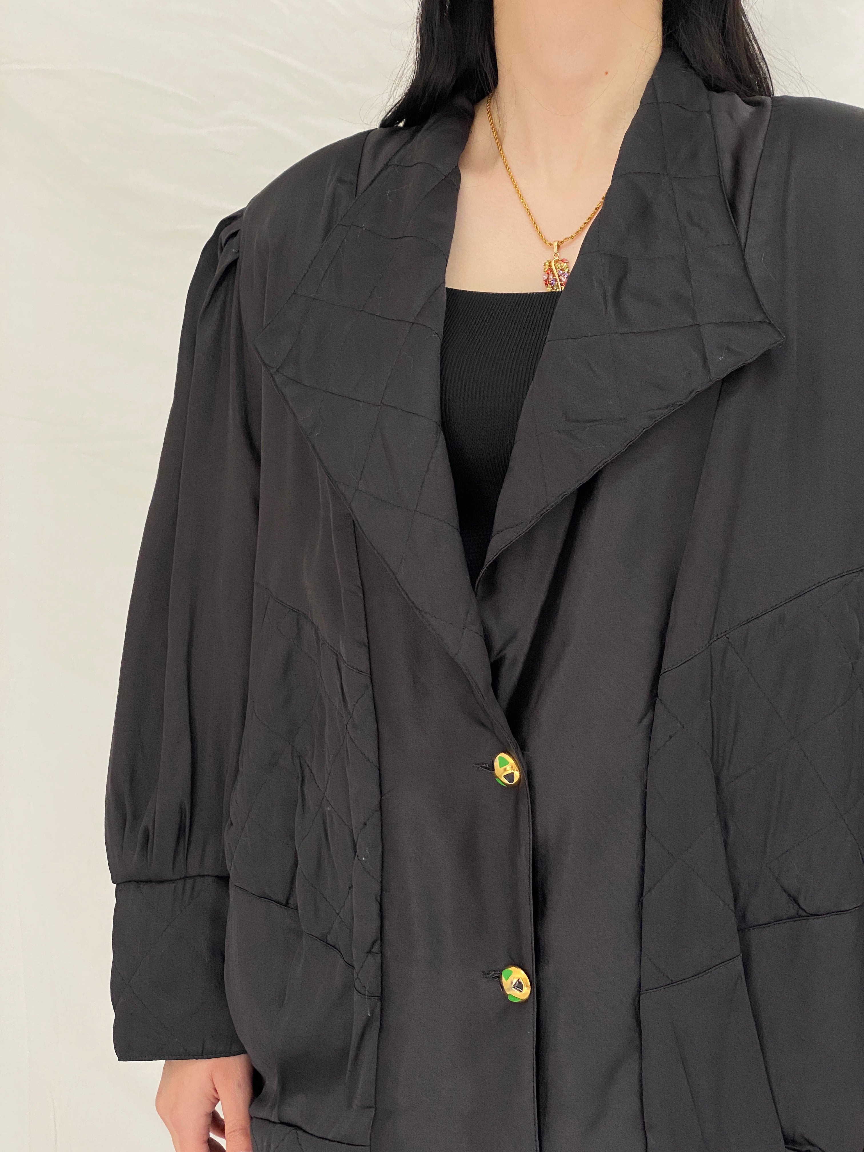 Vintage Black Quilted Puffer Oversized Fit Jacket with Gold Buttons - L