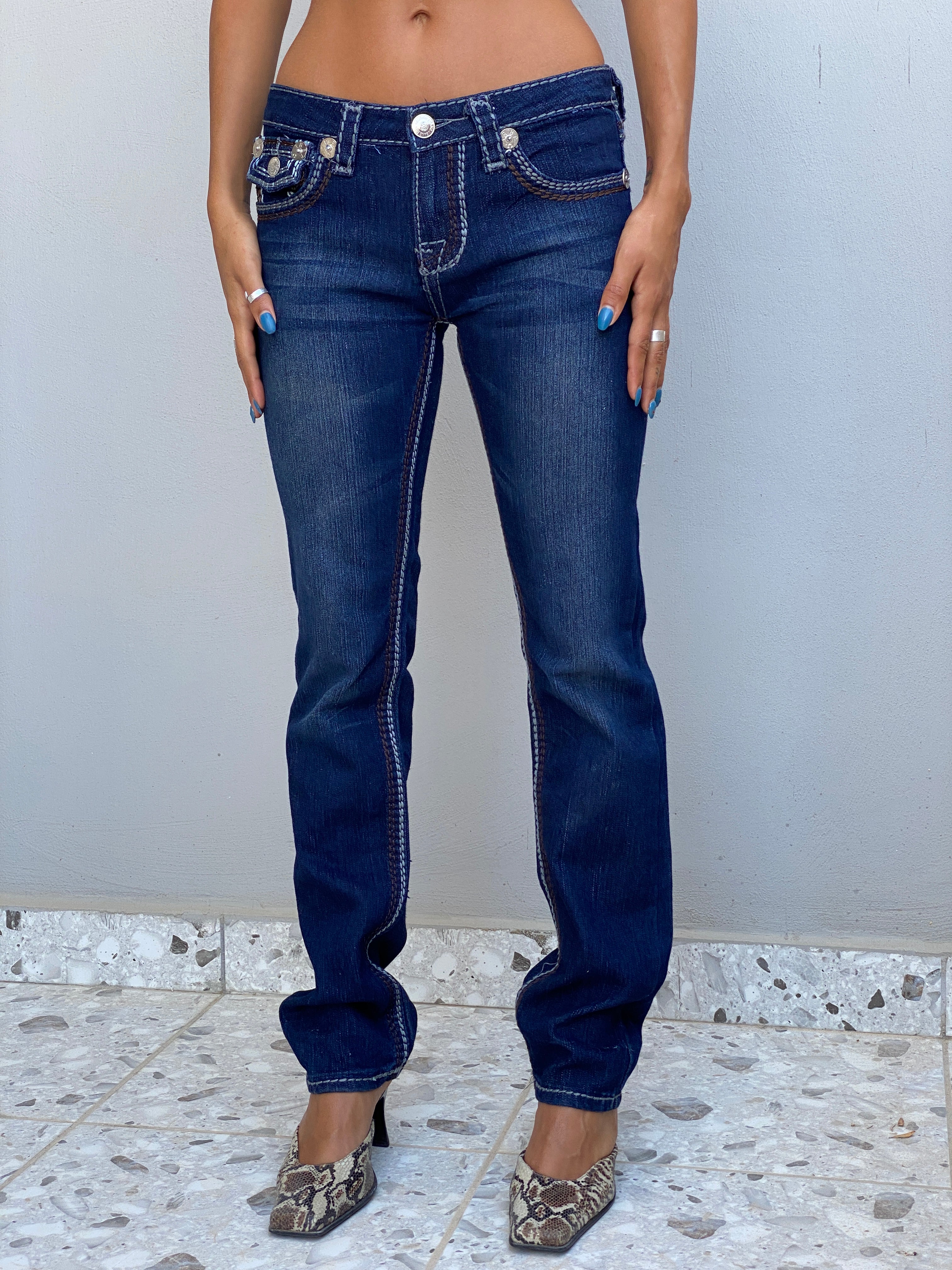 Vintage Y2K True Religion Dark Wash Denim Low Rise Embroidered Bootcut Jeans - S