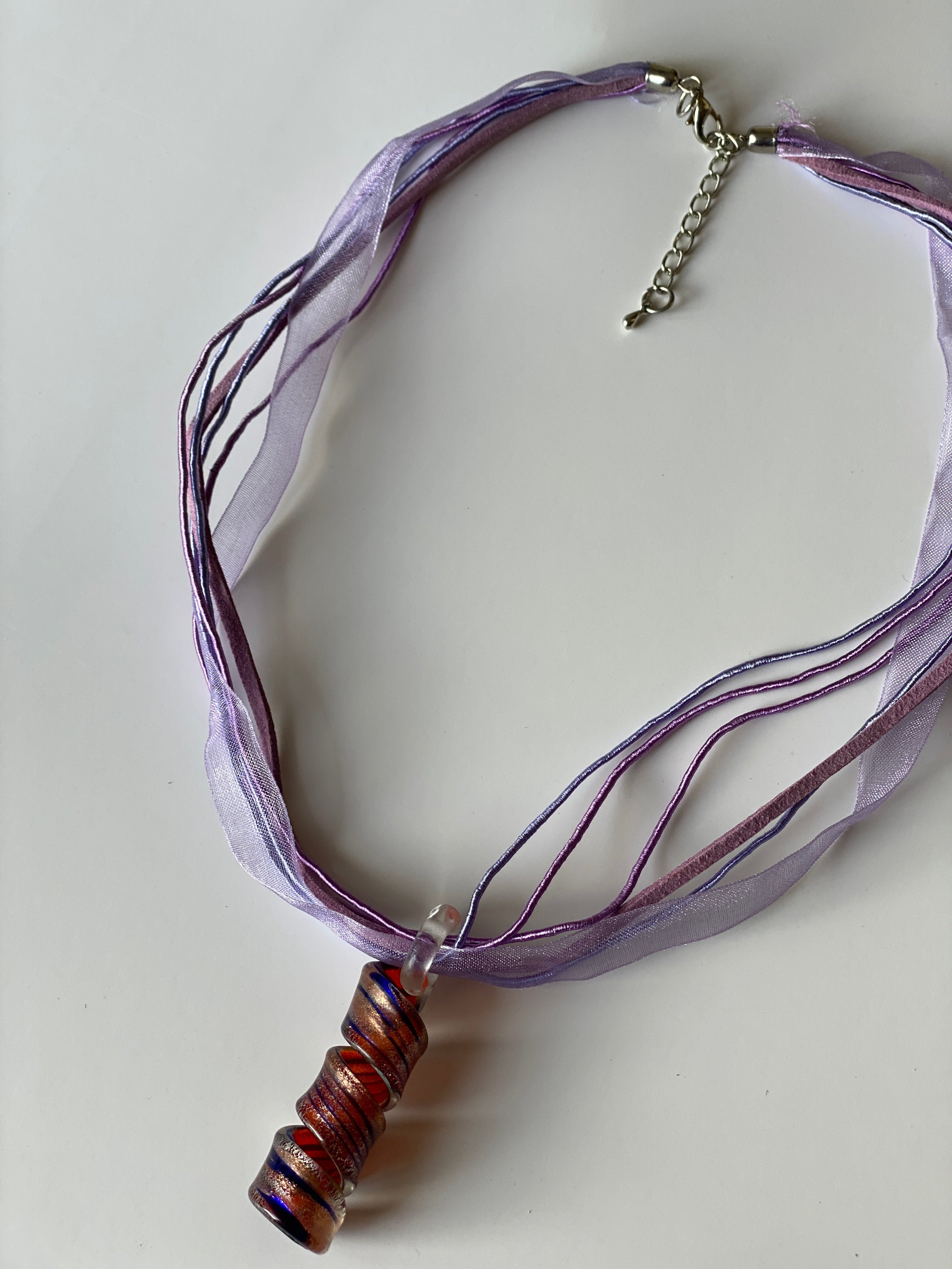 Vintage 1990s Purple Ribbon Art Glass Pendant Necklace