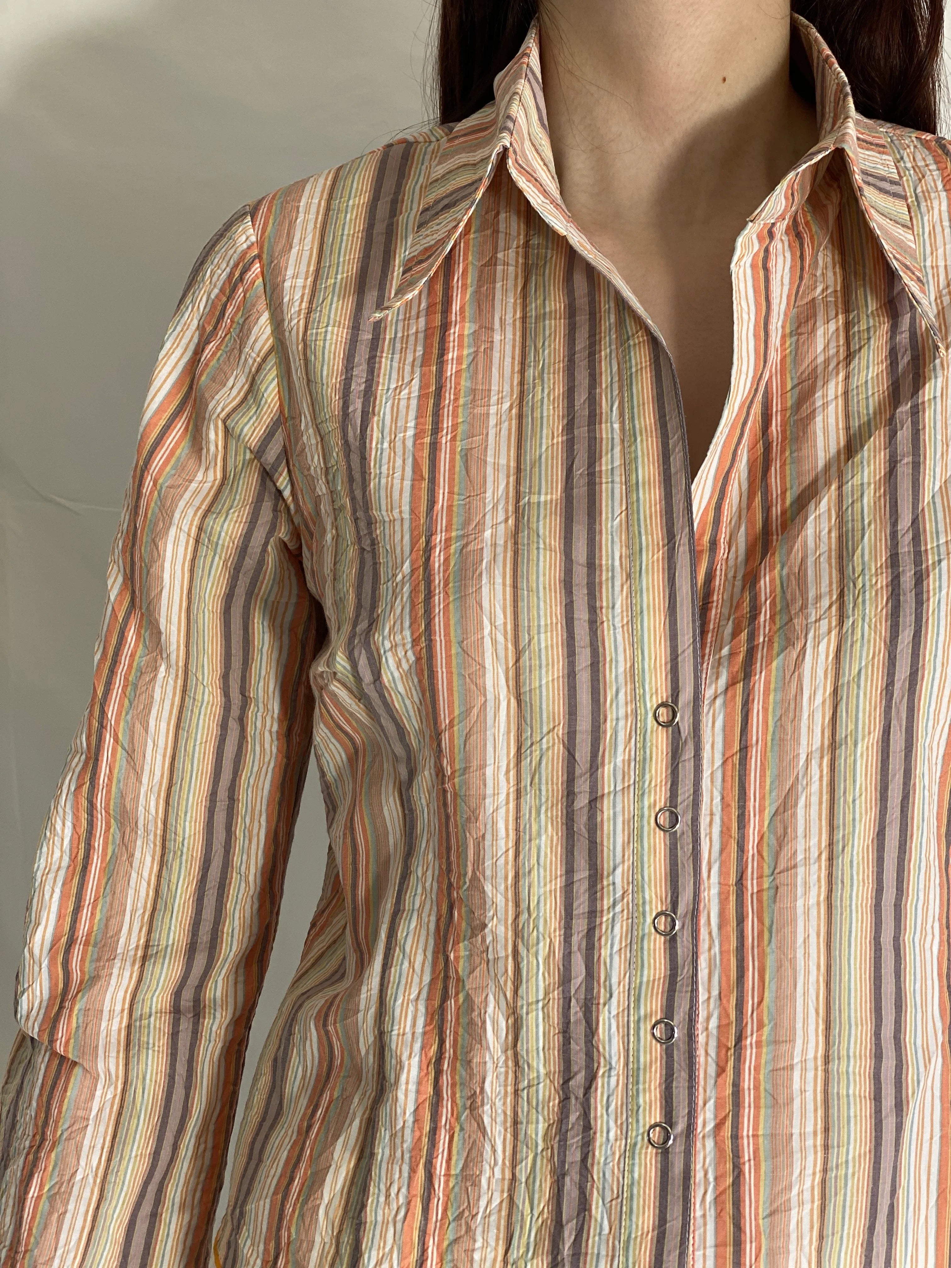 قميص مخطط بأزرار من الطراز القديم Y2K، متعدد الألوان، بأكمام طويلة، قميص مخطط للمكتب - مقاس L