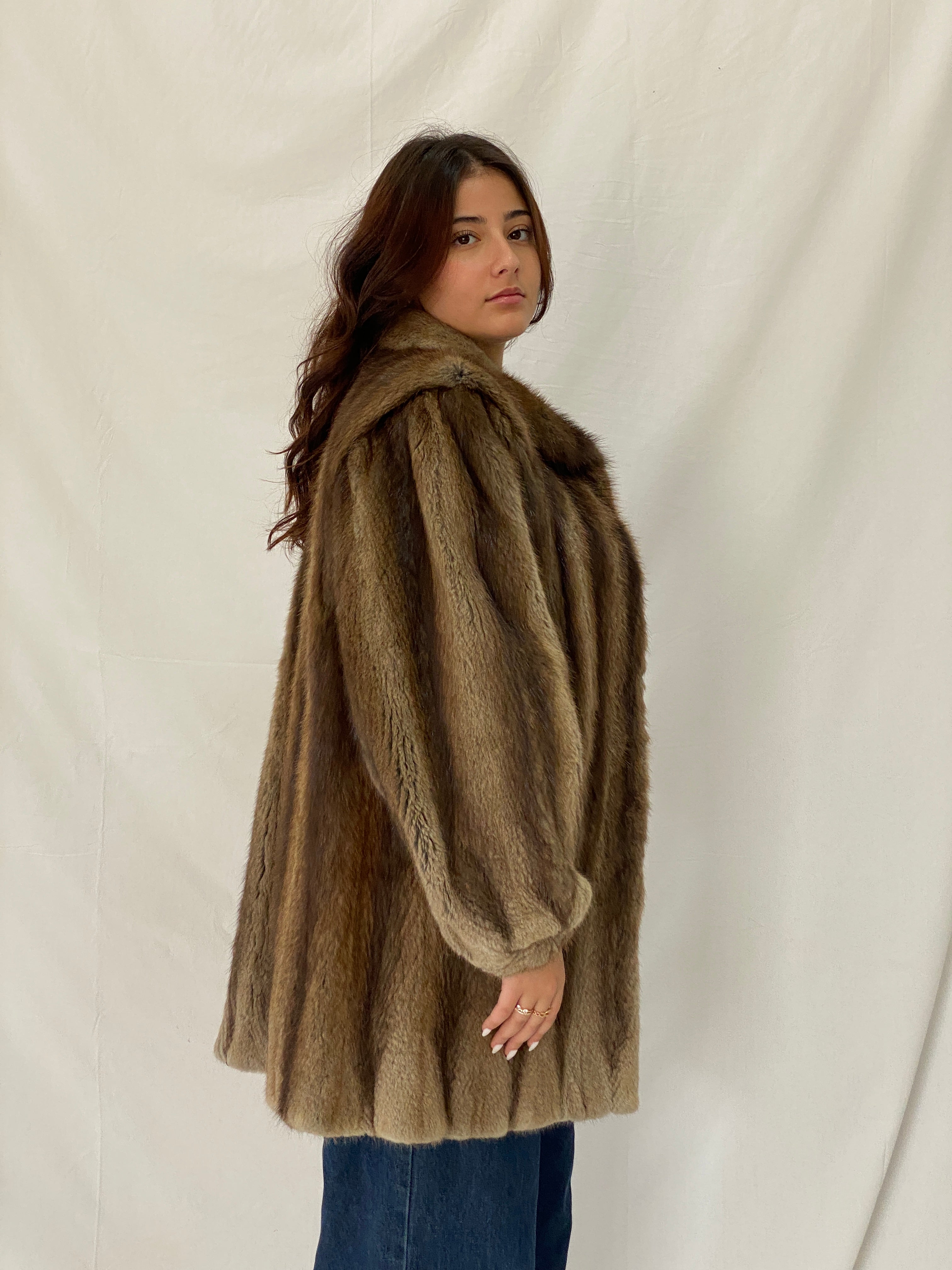 Vintage Natural Brown Mink Fur Coat Classic Mid-Length Luxury Winter Jacket - L