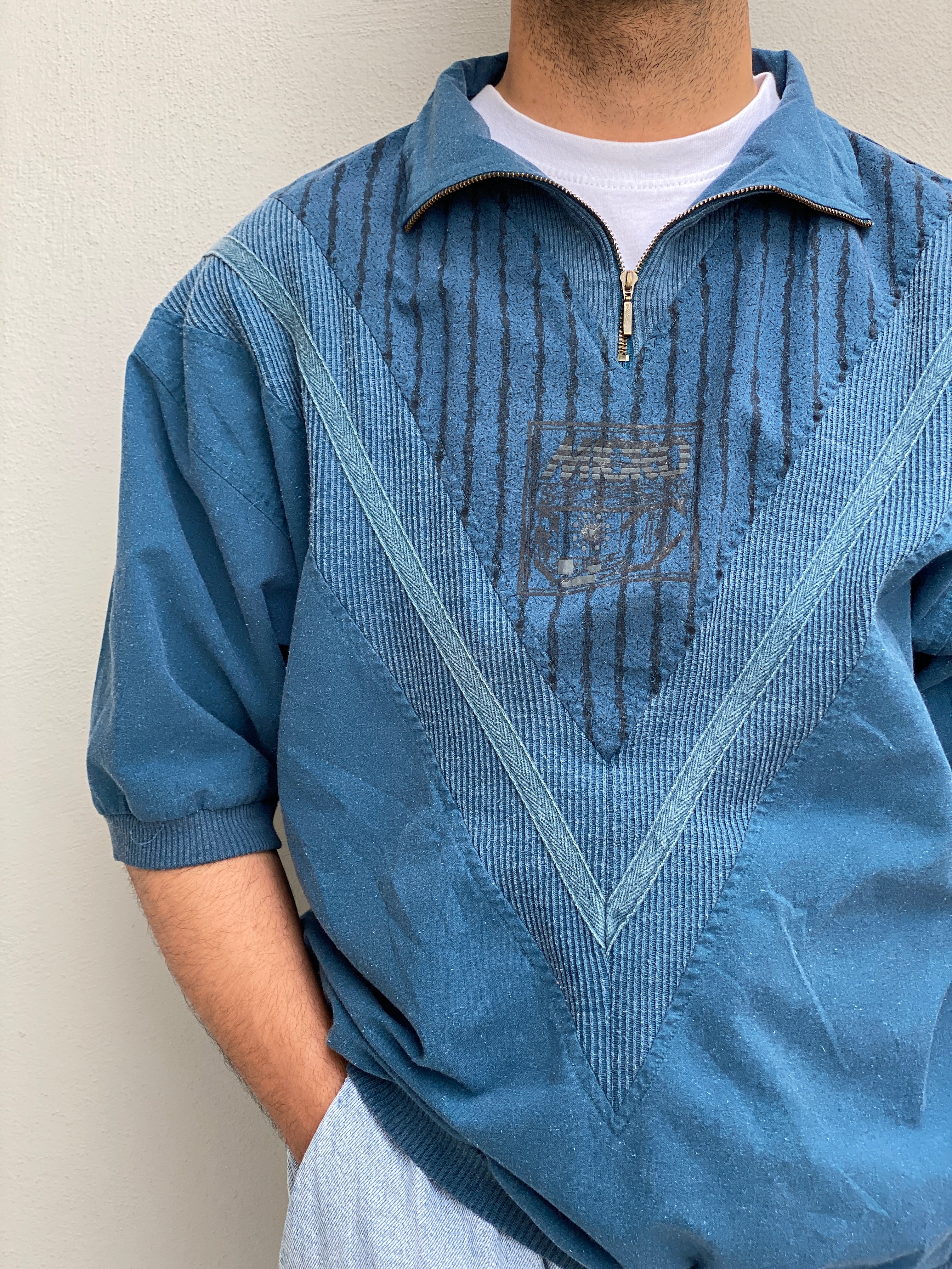 Vintage 90s Blue Men’s Quarter Zip Textured Cotton Blend Pullover Top – M