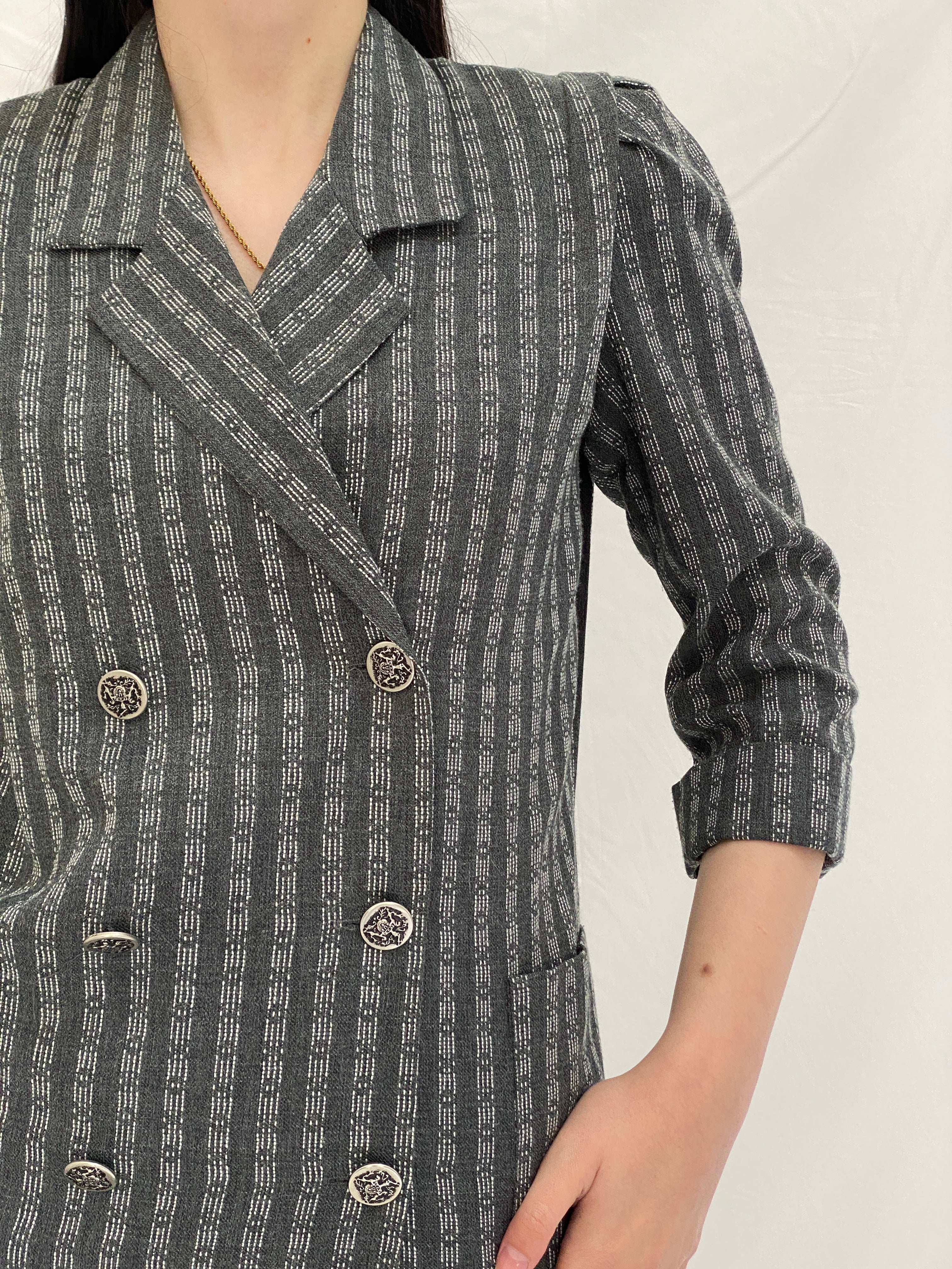 Vintage Leslie Fay Petites Gray Textured Double Breasted Blazer Dress - S
