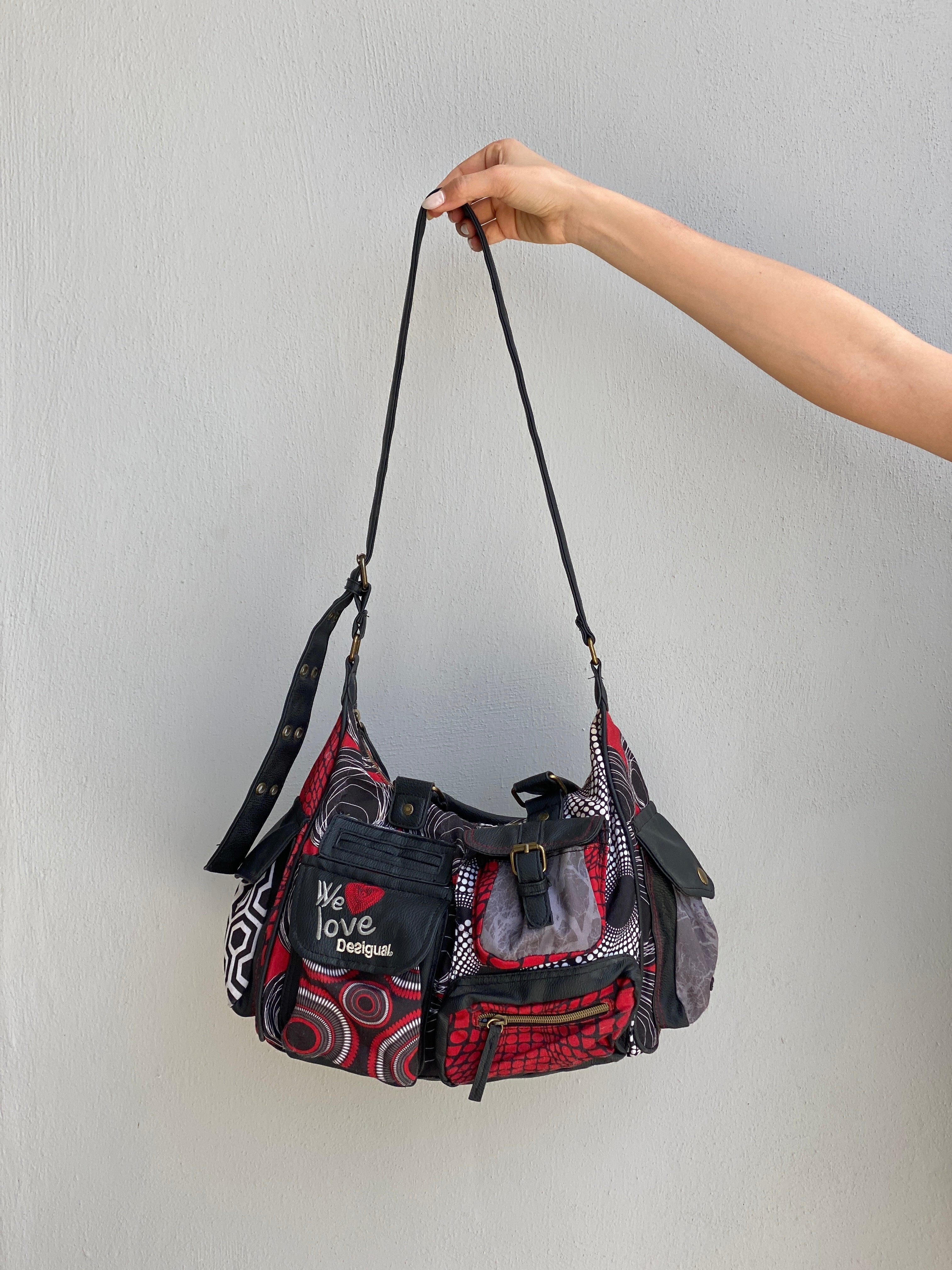 Vintage Y2K Desigual Patchwork Print Multi Pocket Shoulder Bag Boho Graphic Tote