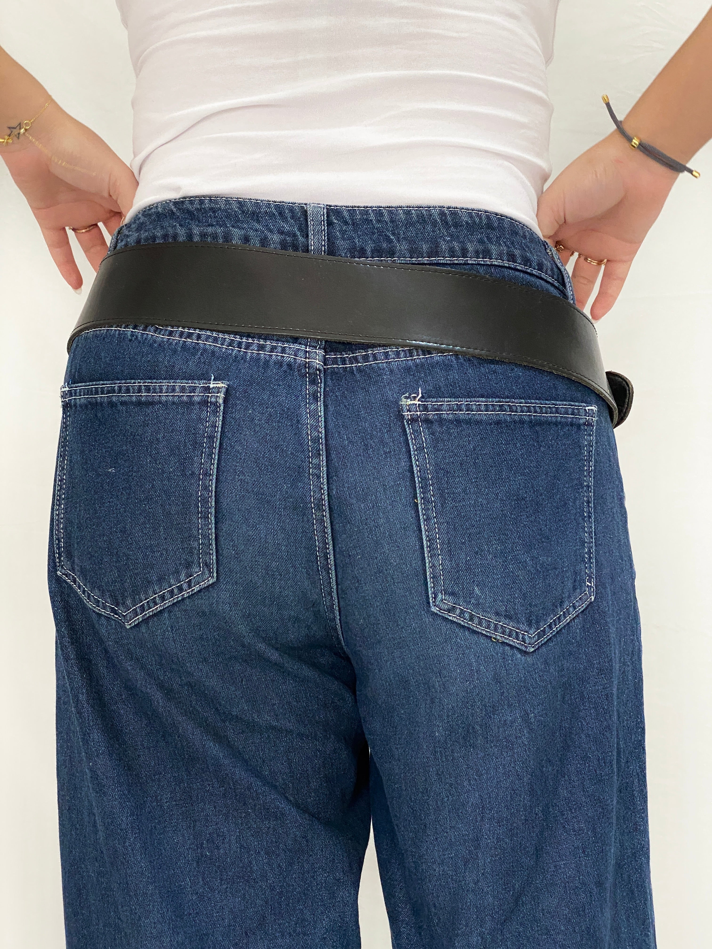 Vintage Black Wide Genuine Leather Belt Oversized Silver Ring Buckle Y2K Belt