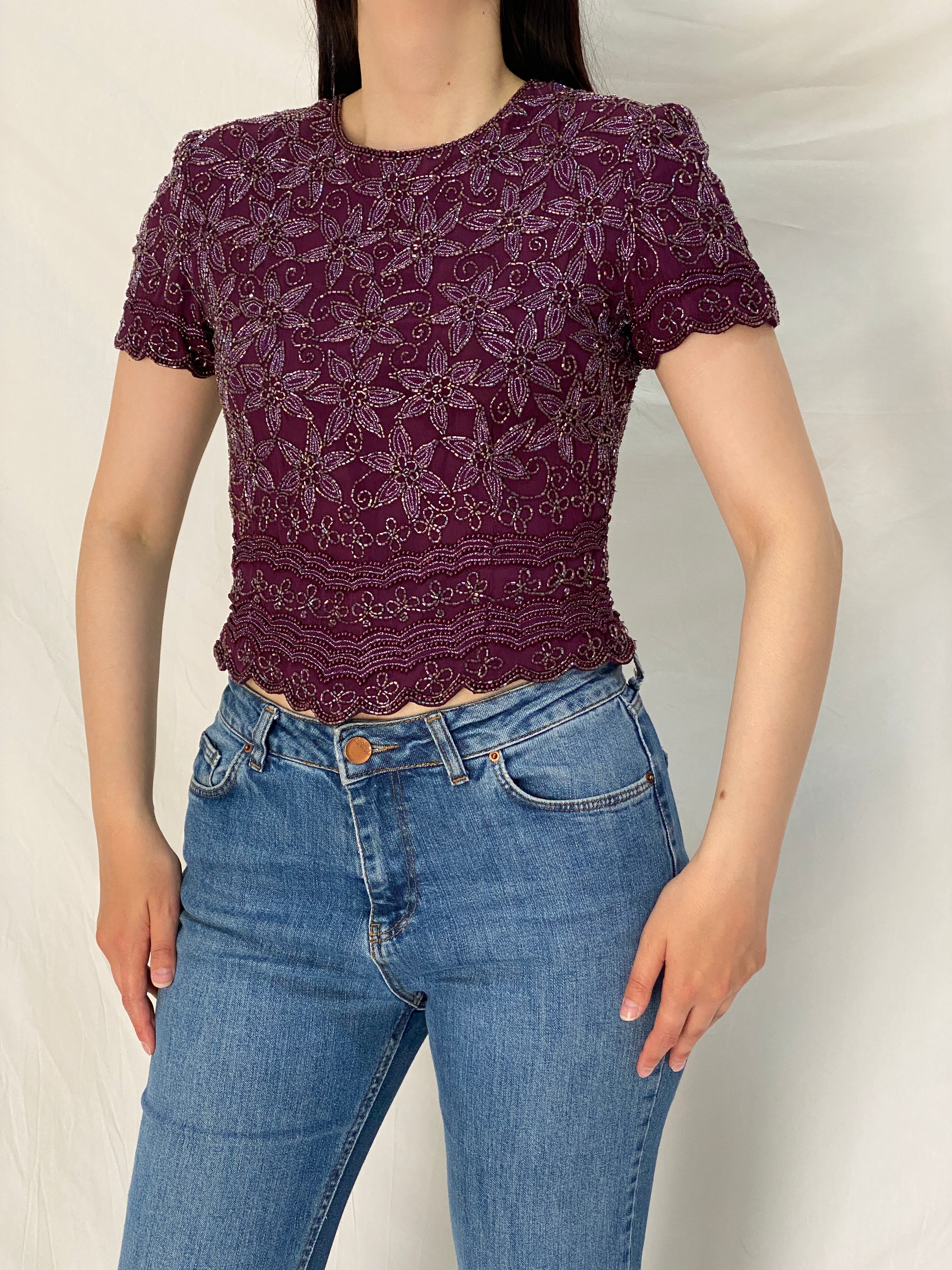 Vintage Adrianna Papell Beaded Silk Top Purple Floral Sequin Mesh Y2K Evening Party Top - S