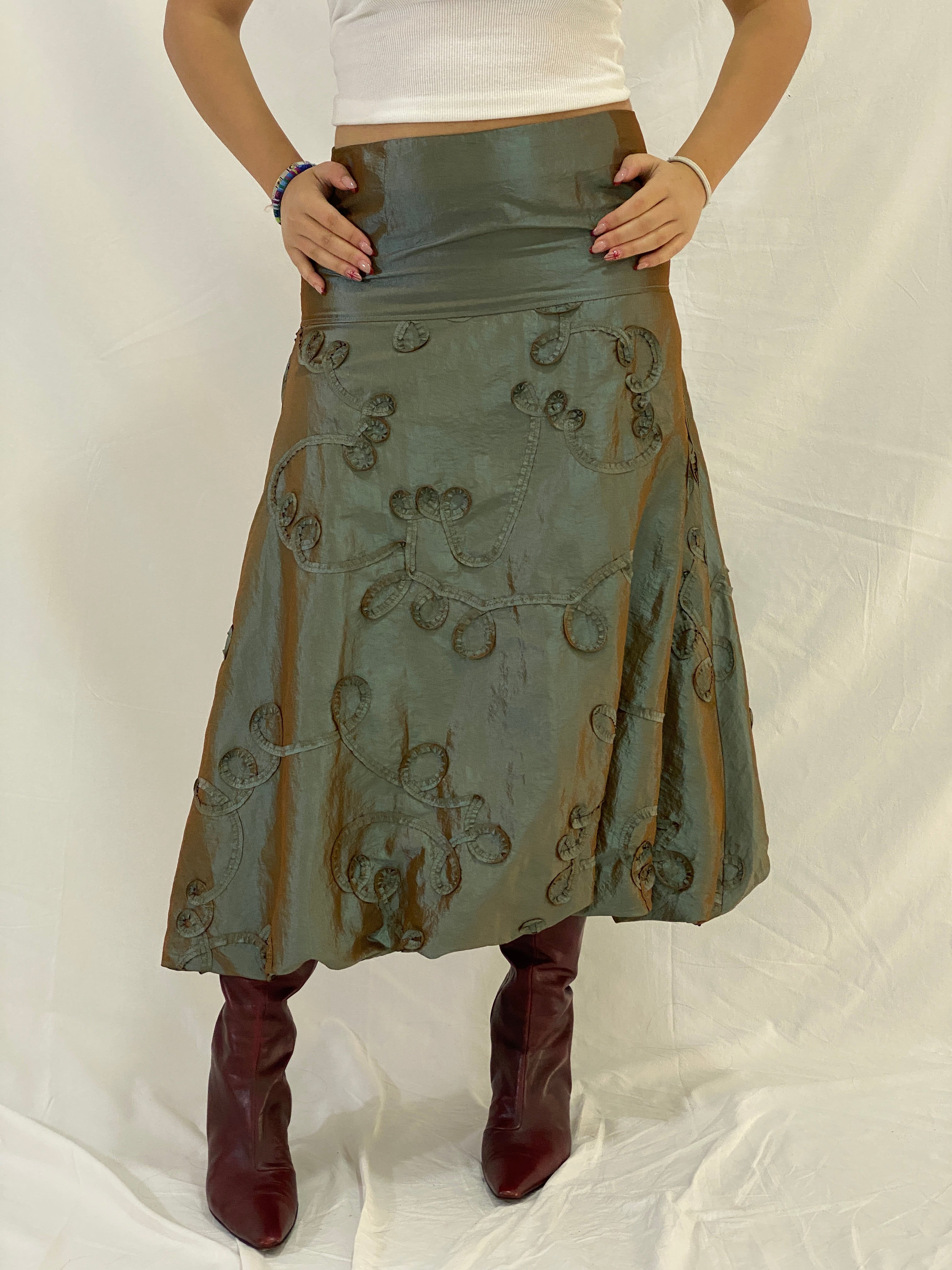Y2K Kiabi Metallic Olive Midi Skirt with Textured Appliqué Detail - L