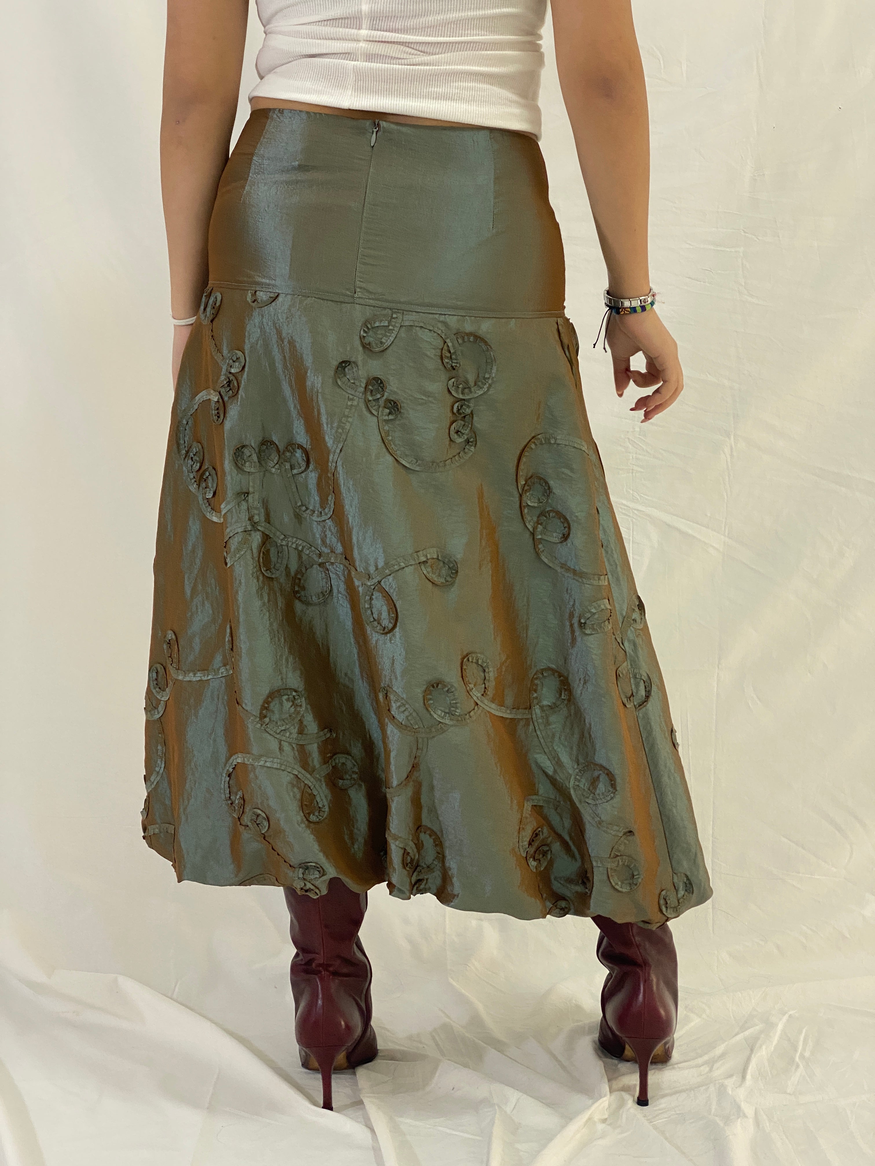 Y2K Kiabi Metallic Olive Midi Skirt with Textured Appliqué Detail - L