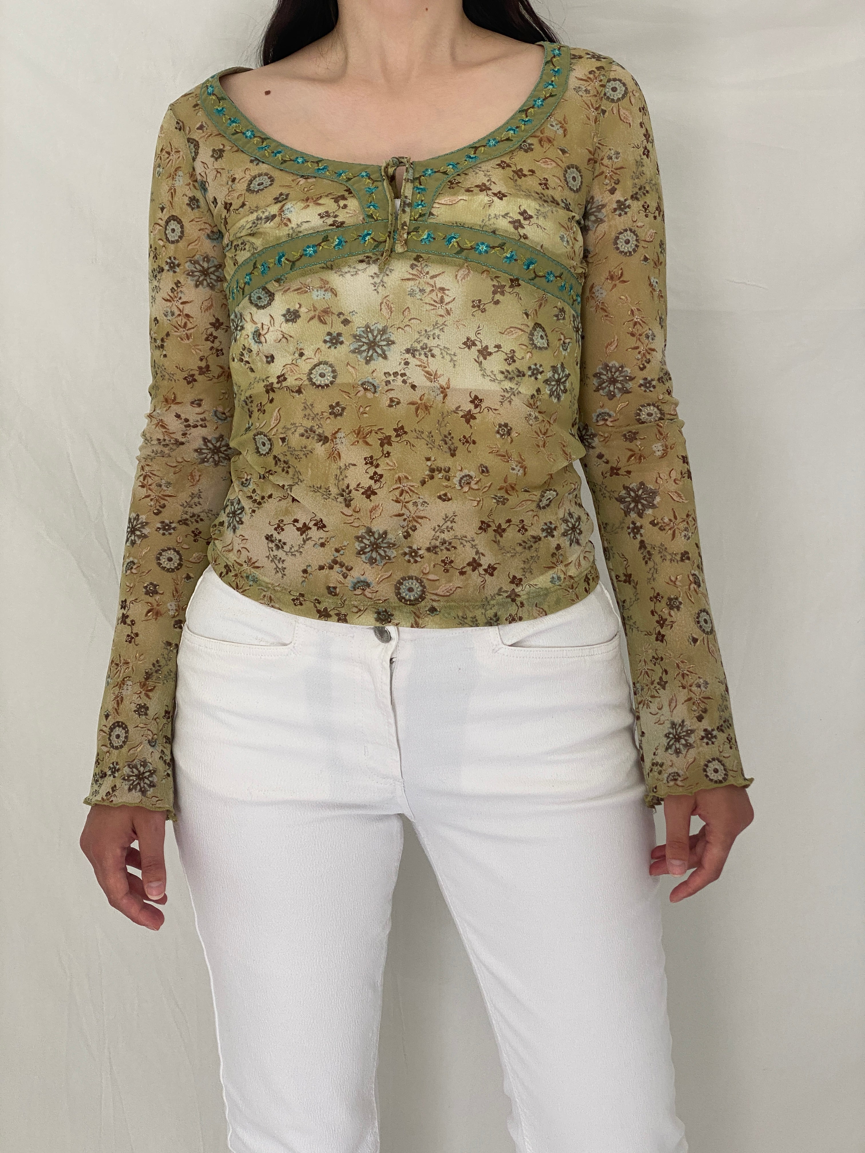 Y2K Bershka Mesh Sage Green Fairy Grunge Floral Long Sleeve Top – M