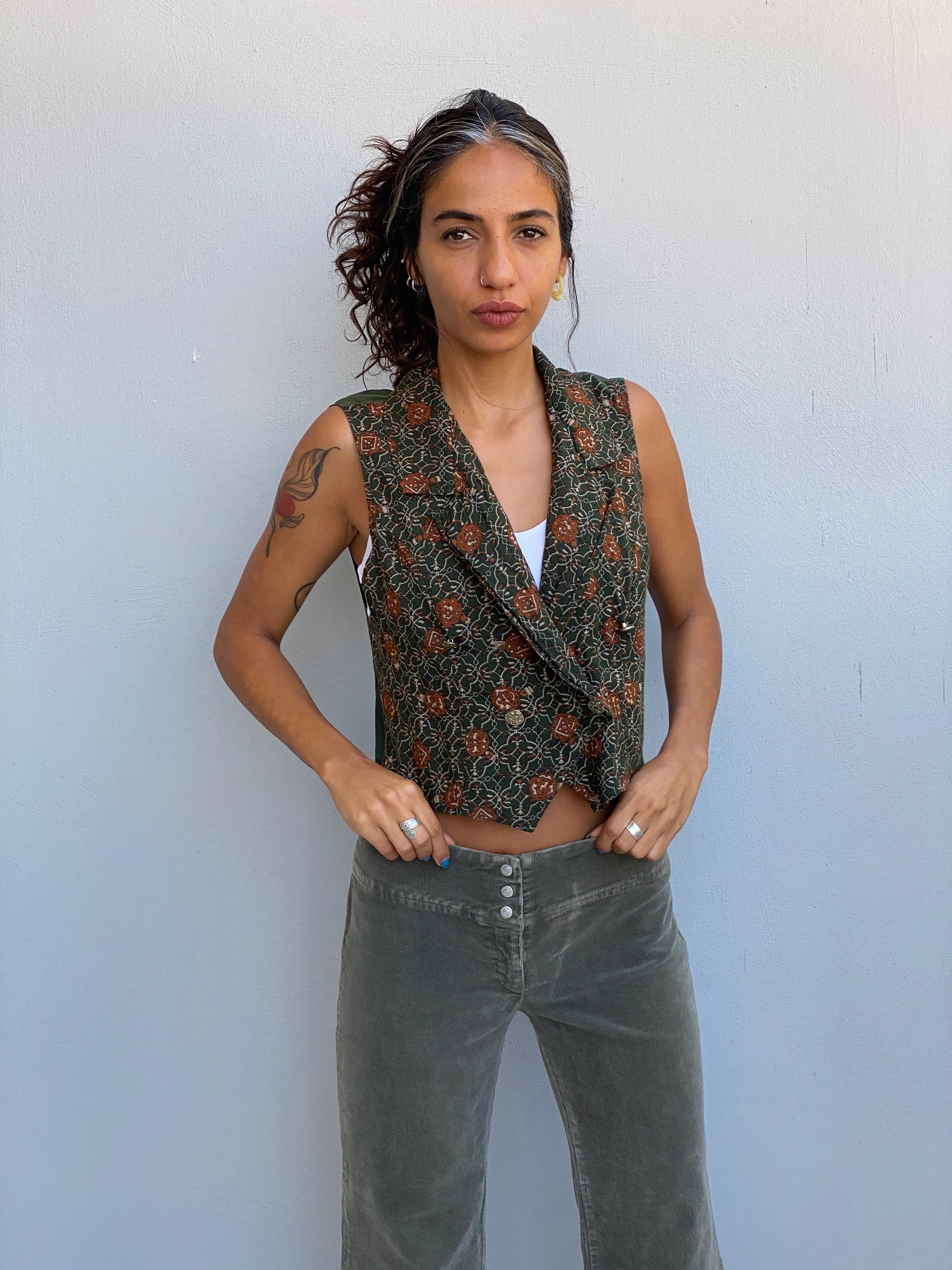 Vintage Y2K David Benjamin Green Paisley Double Breasted Silk Style Waistcoat Vest - M