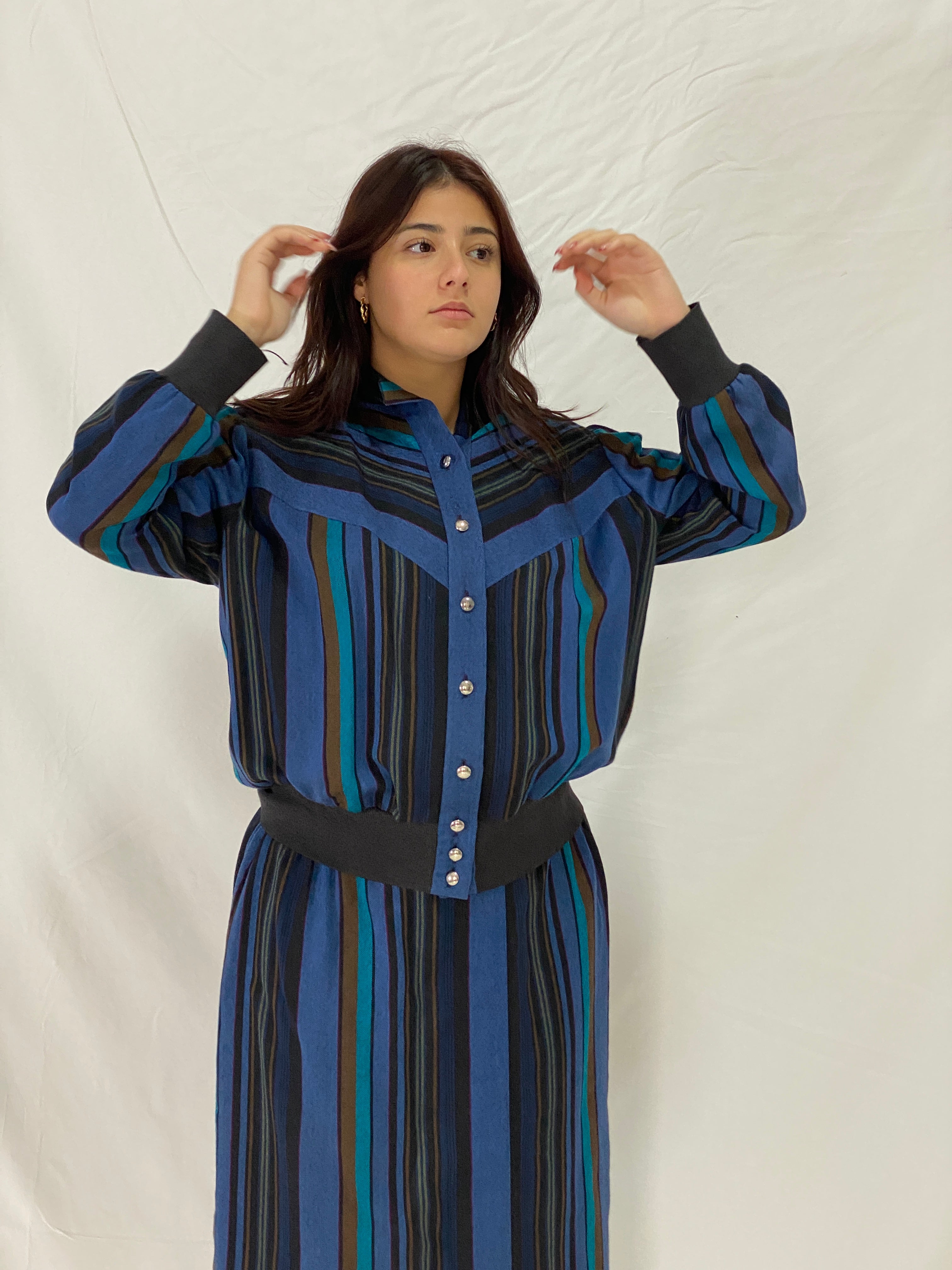 Vintage Pure Wool Sporting Dress Skirt & Jacket Set Blue Striped Two-Piece Set - L