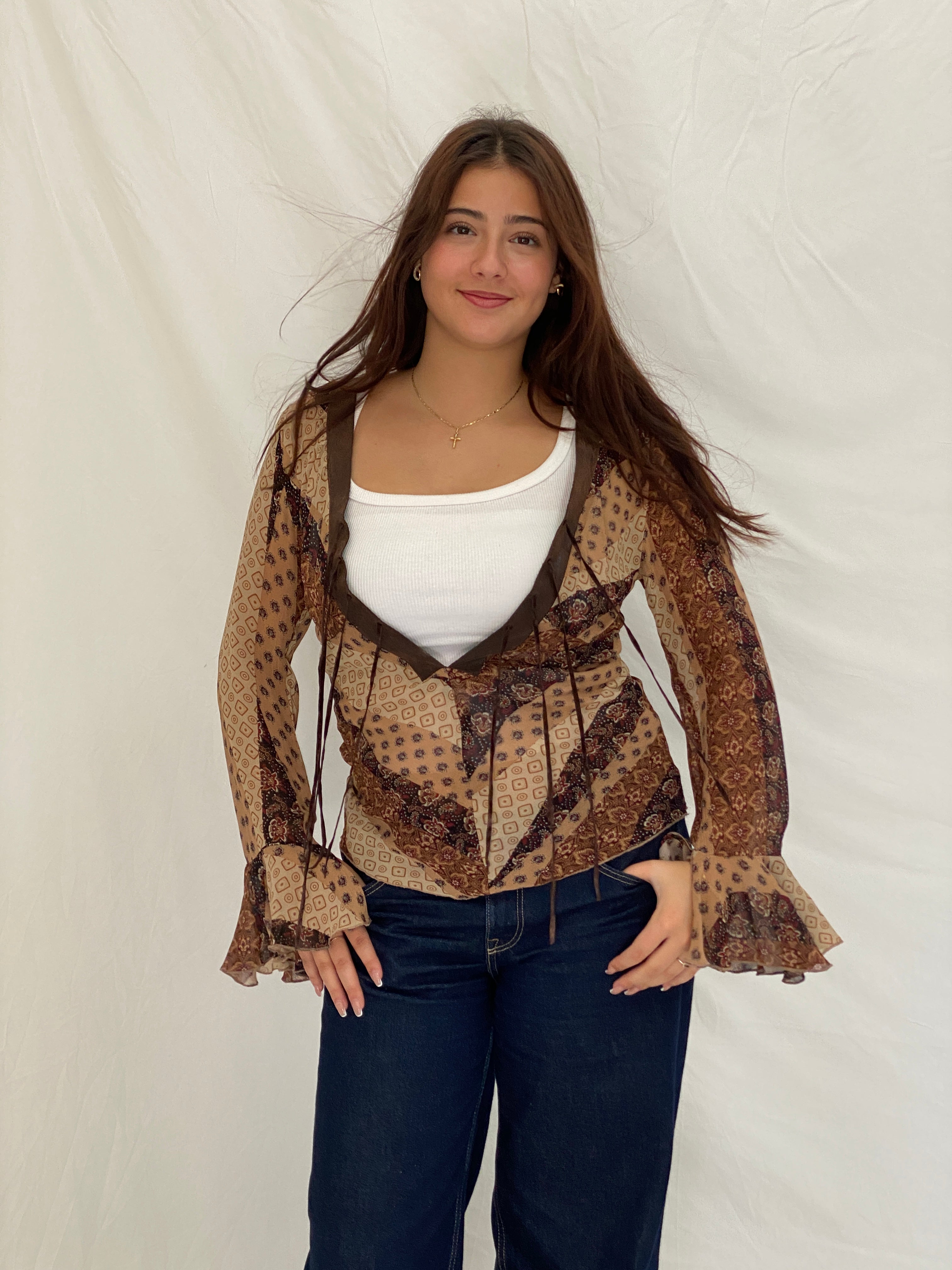 Y2K Vero Moda Brown Paisley Bell Sleeve Tie-Front Deep V-Neck Top - S