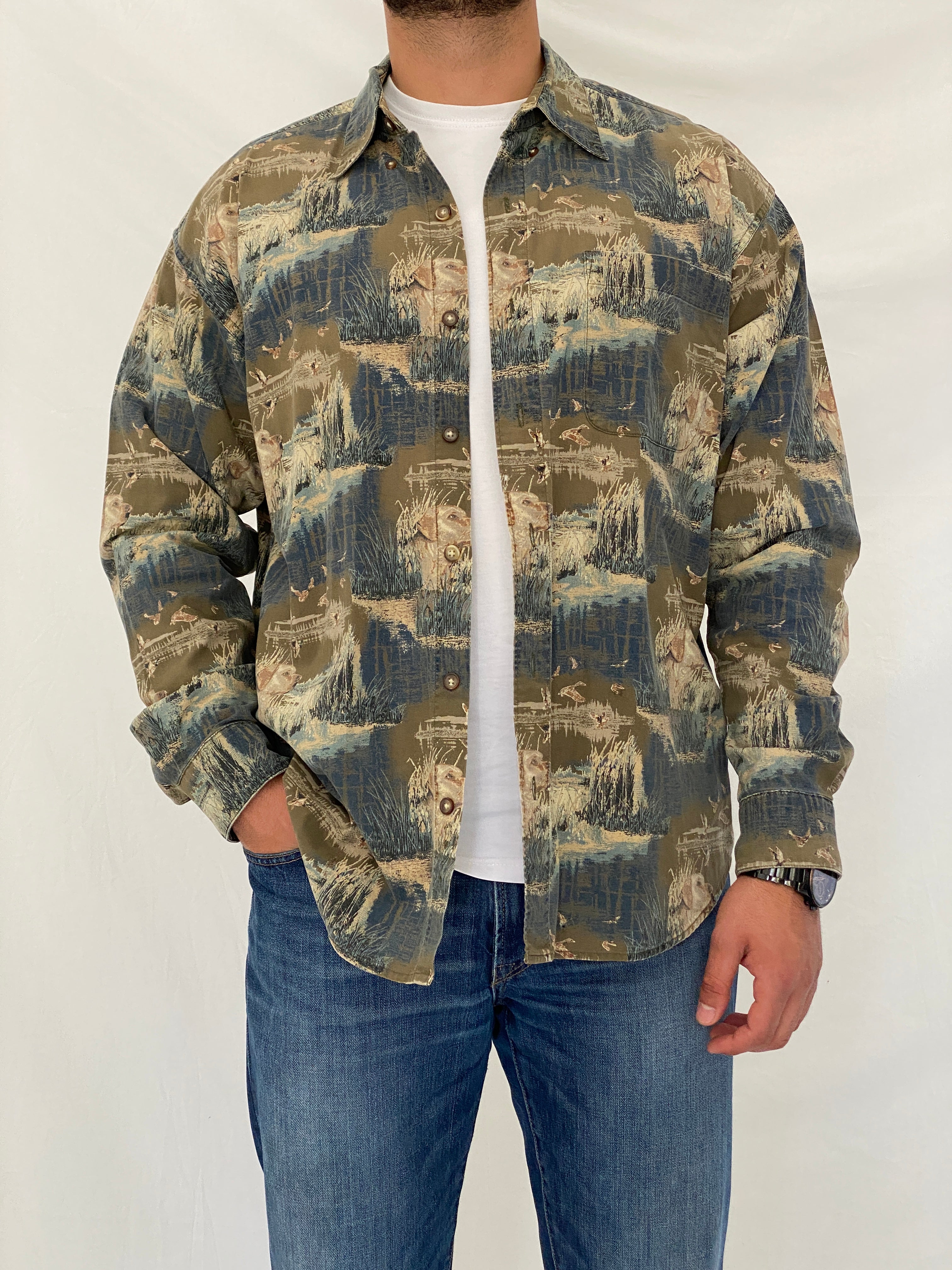 Vintage Woodland Trail Camo Hunting Cotton Button-Up Shirt – XL