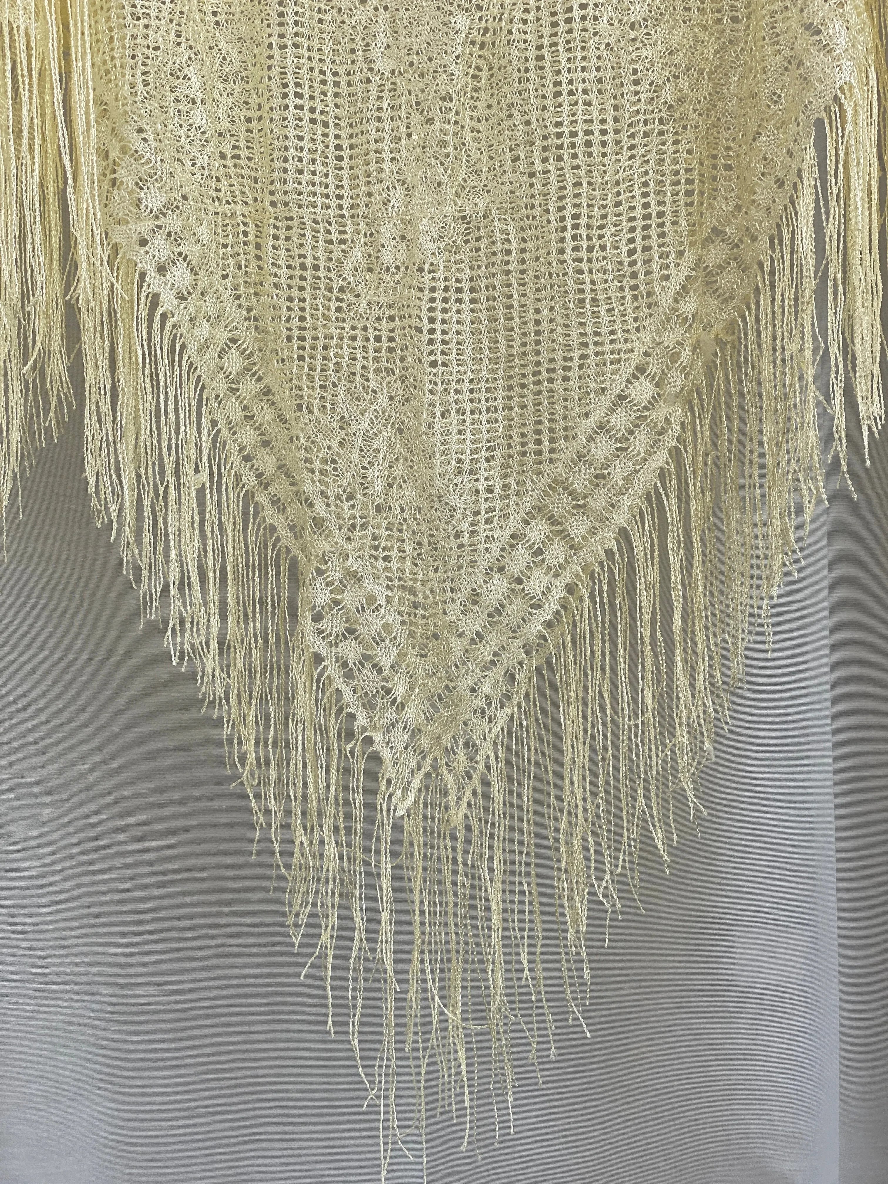 Cream Crochet Fringe Shawl – Boho Poncho Style Open Knit Wrap