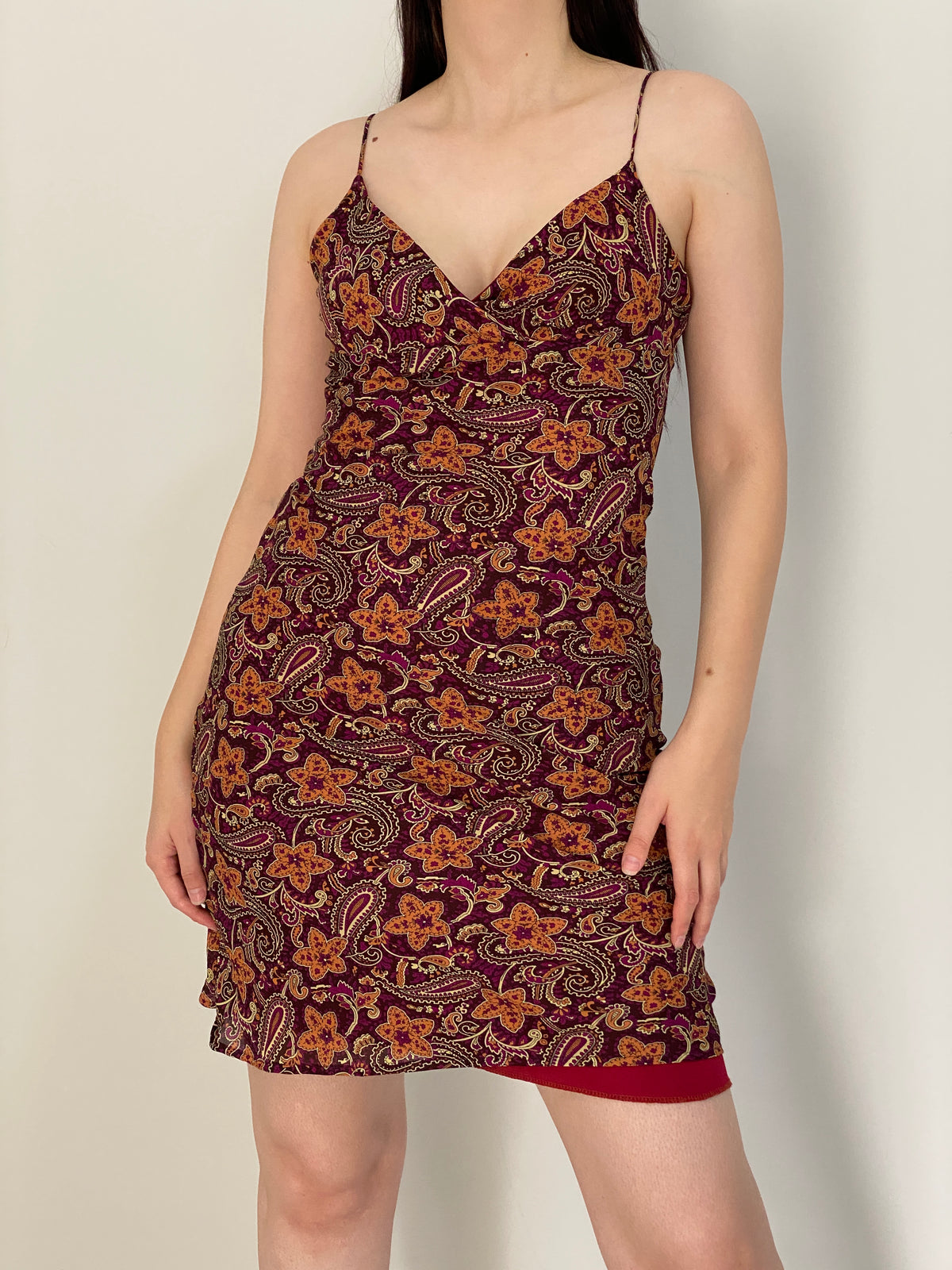 Vintage 90s Janette USA Burgundy Floral Paisley Slip Mini Dress – S