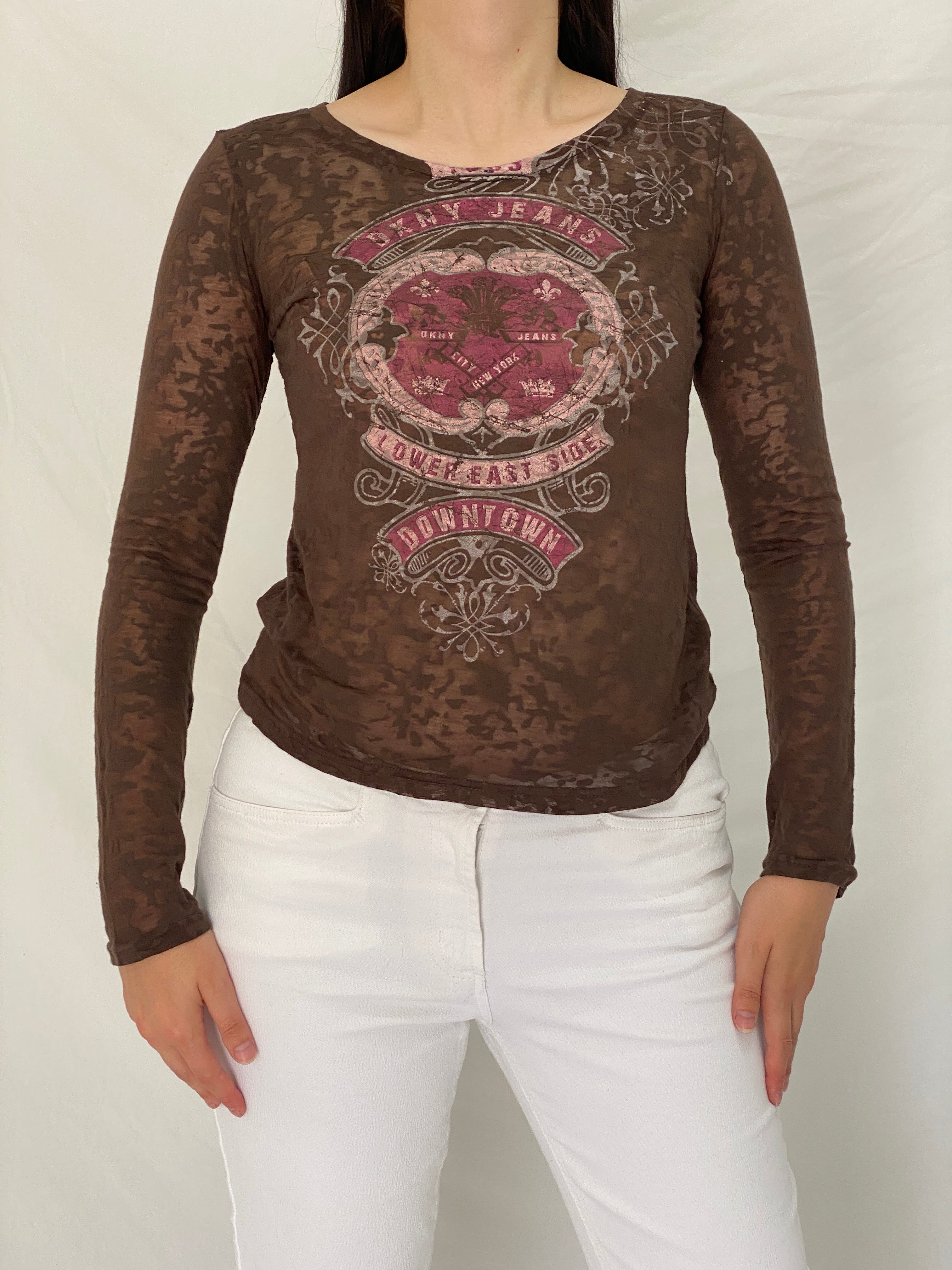Vintage Y2K DKNY Jeans Brown Graphic Sheer Long Sleeve Top – M