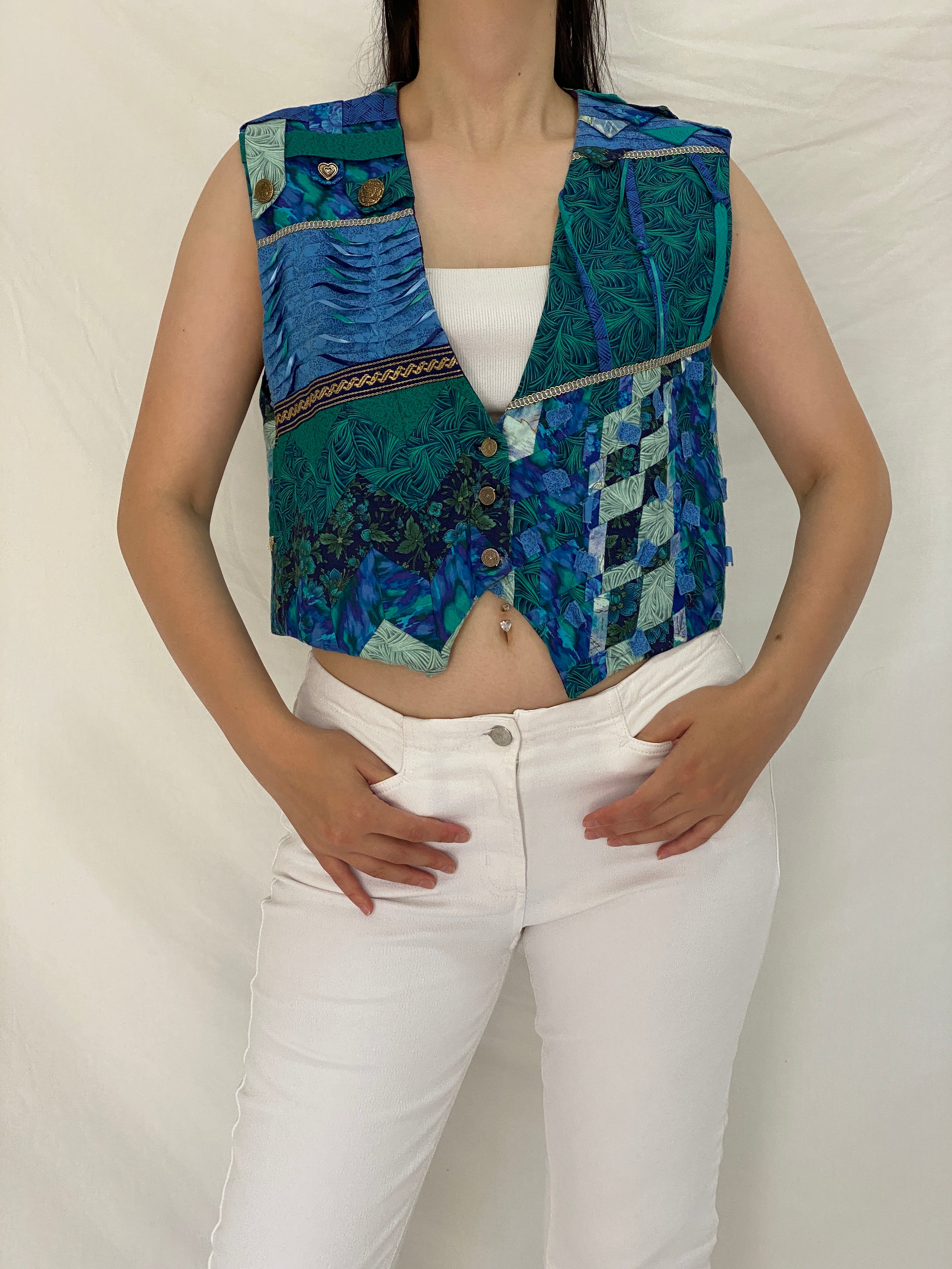 Vintage Handmade Blue & Green Quilted Patchwork Artisan Vest – M