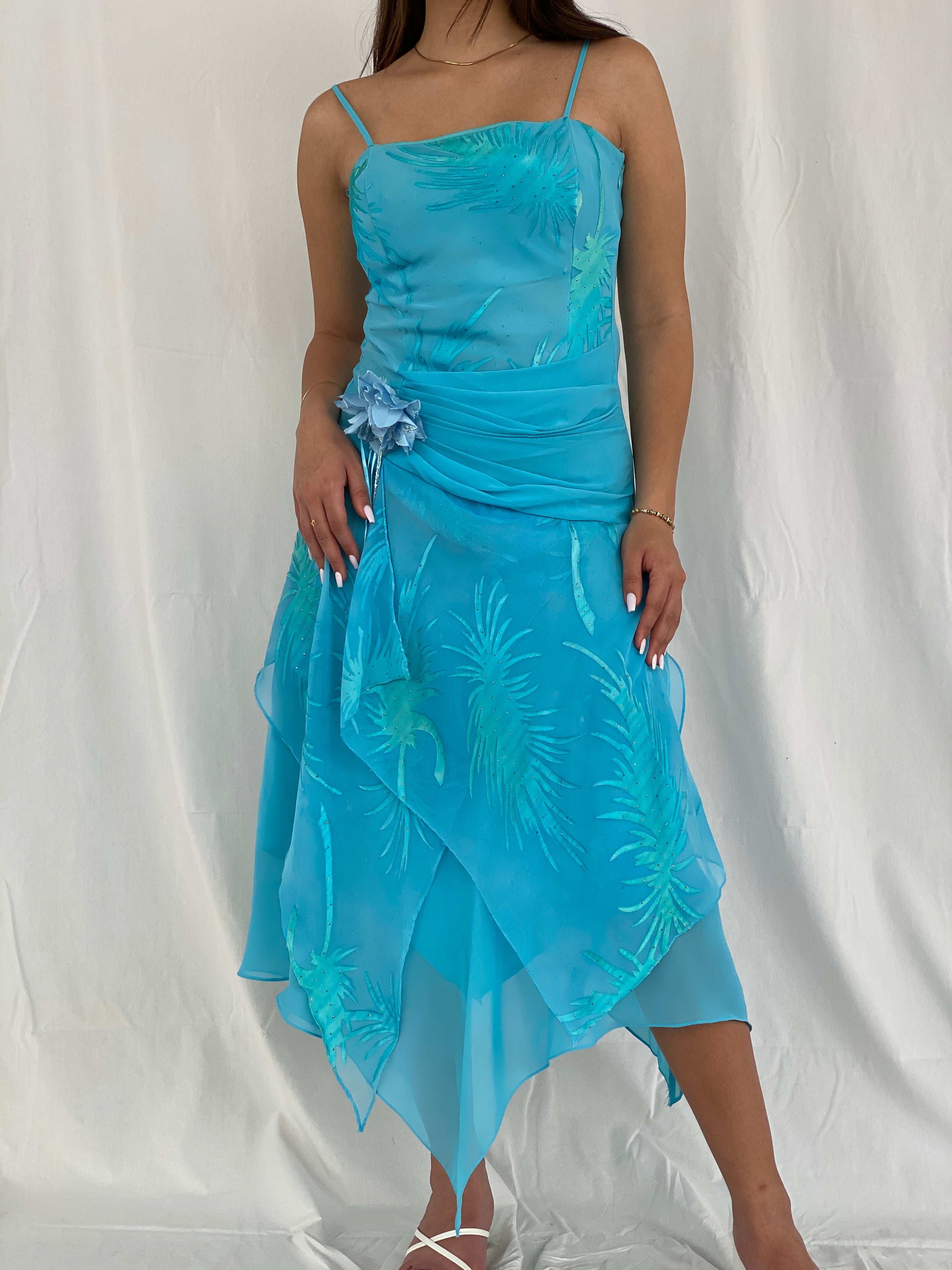 Gorgeous Y2K Dekolte Layered Blue Midi Dress - Size M