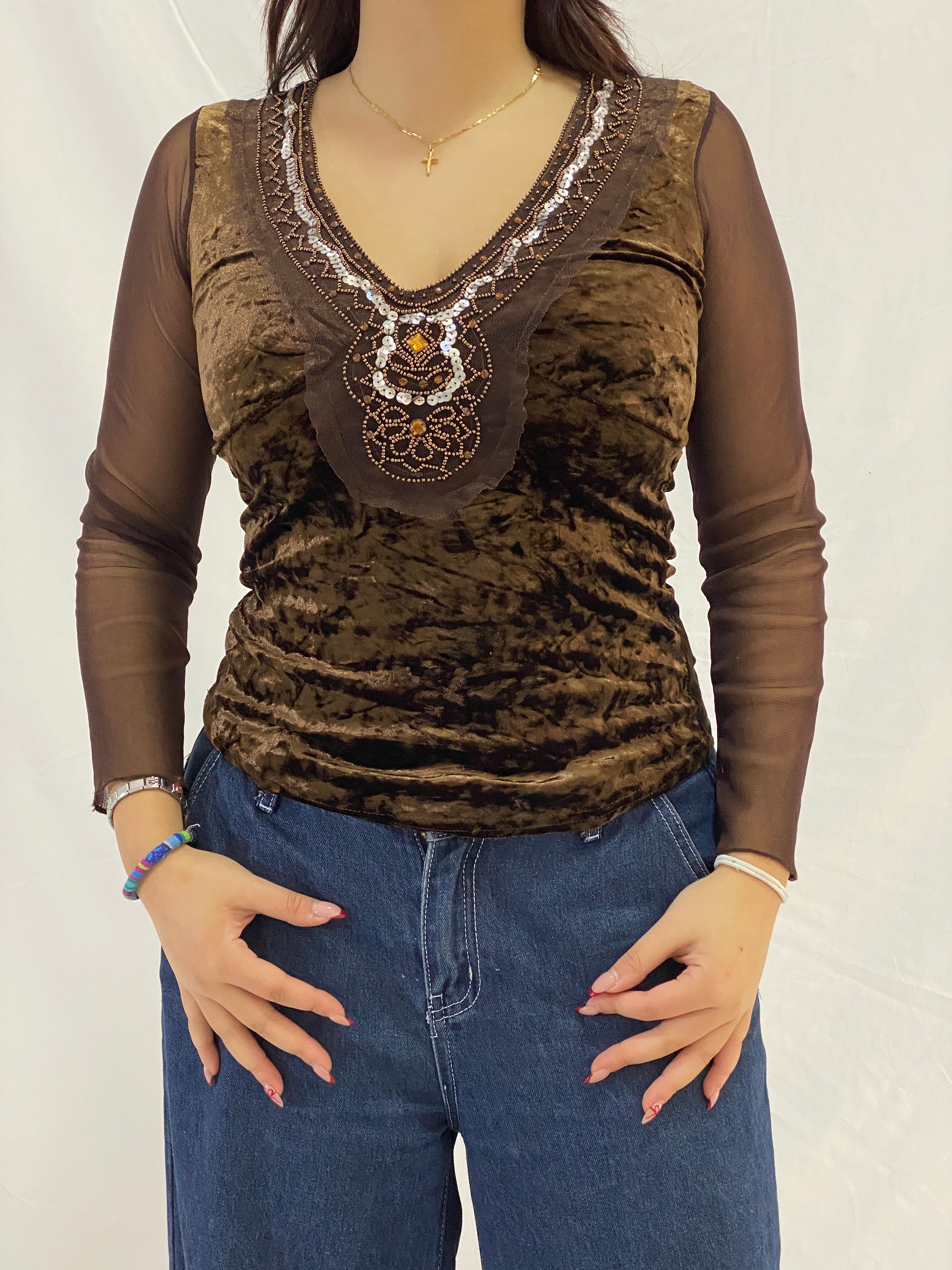 Vintage Brown Beaded Velvet Whimsy Top with Mesh Sleeves – S
