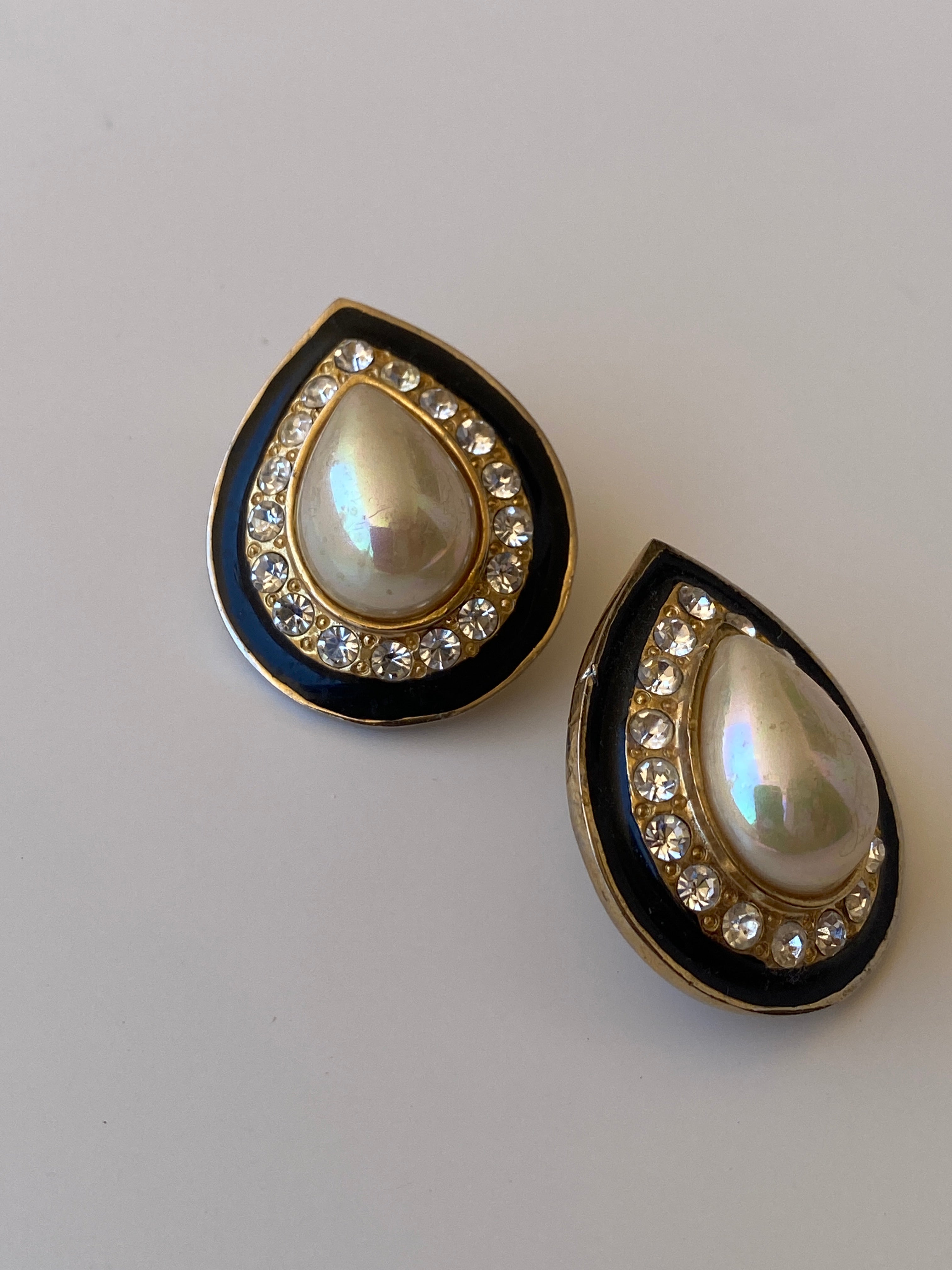 Vintage Faux Pearl Rhinestone Teardrop Statement Earrings Black & Gold Tone