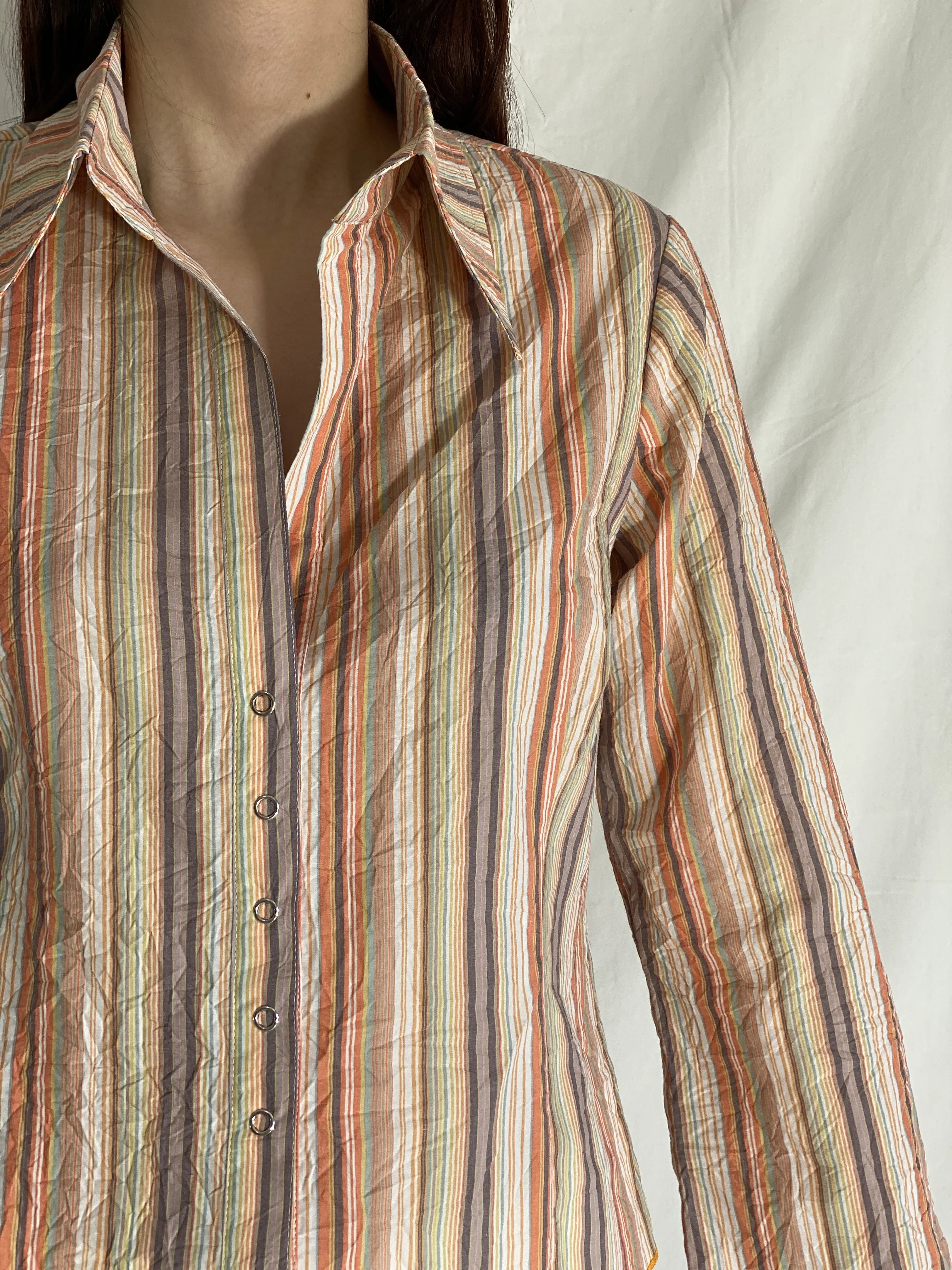 قميص مخطط بأزرار من الطراز القديم Y2K، متعدد الألوان، بأكمام طويلة، قميص مخطط للمكتب - مقاس L