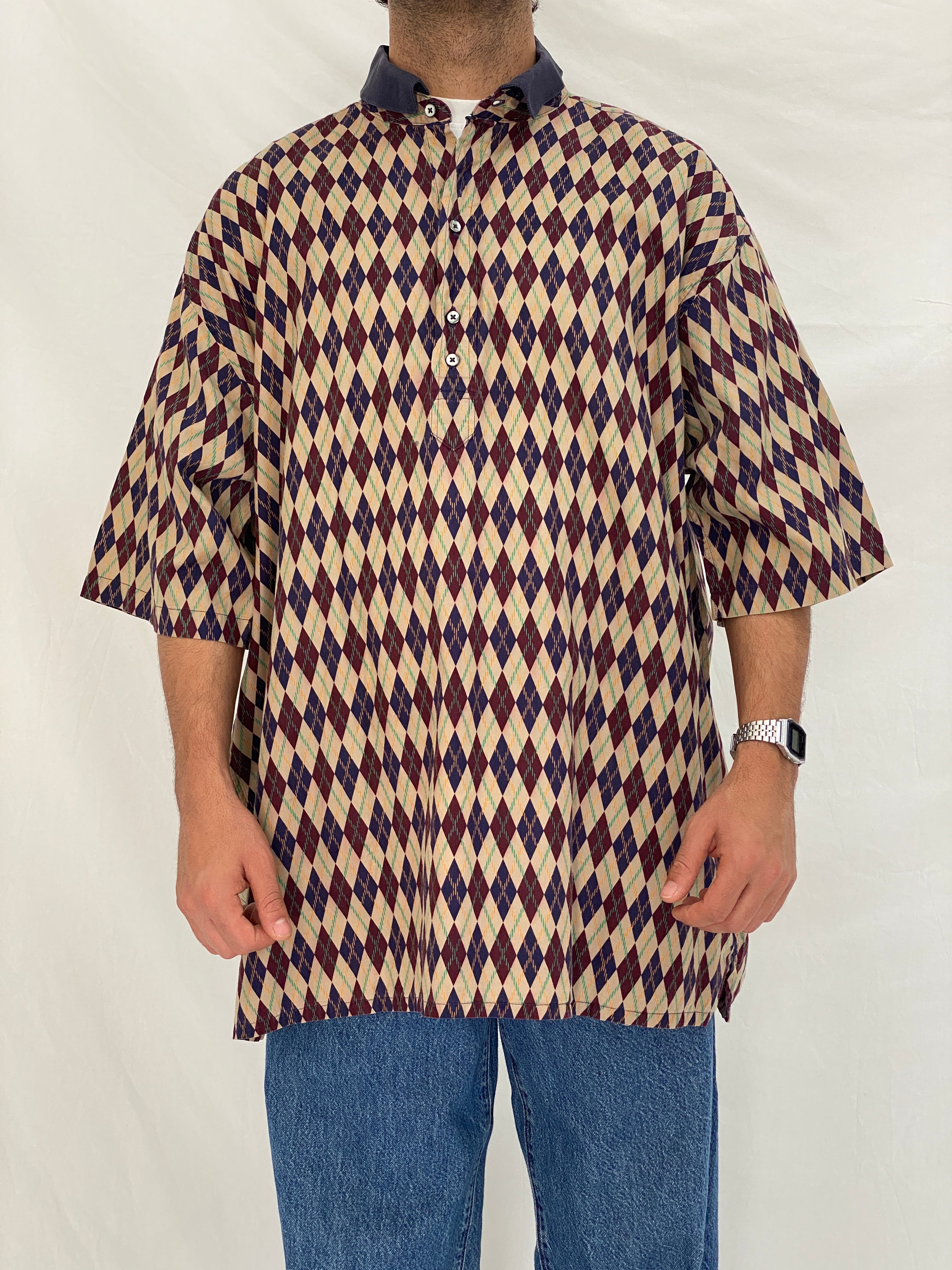 Vintage 90s Michael Thomas Argyle Print Pullover Shirt Oversized Geometric Pattern Shirt - 2XL