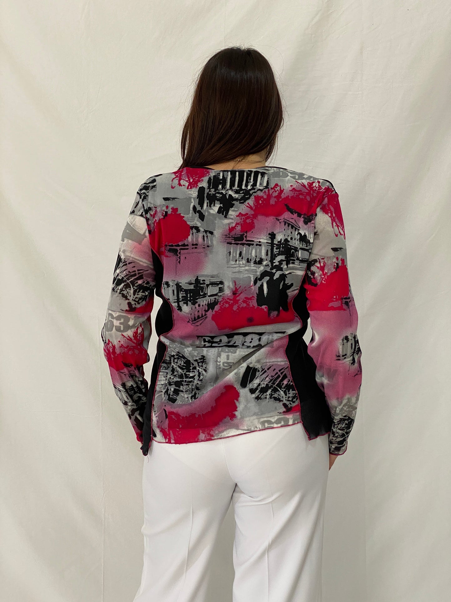 Vintage WARWICK JONES Black & Pink Striped Graphic Mesh Top - L