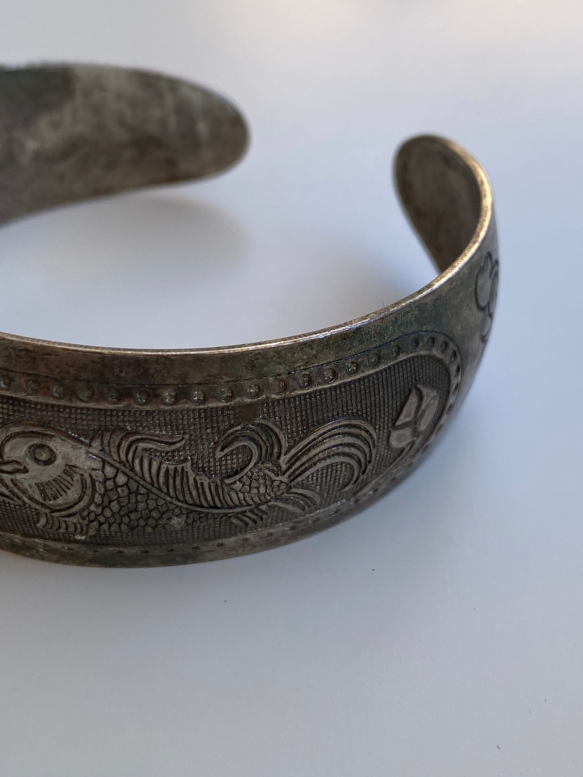Vintage North African Style Silver-Tone Engraved Fish & Floral Wide Cuff Bracelet