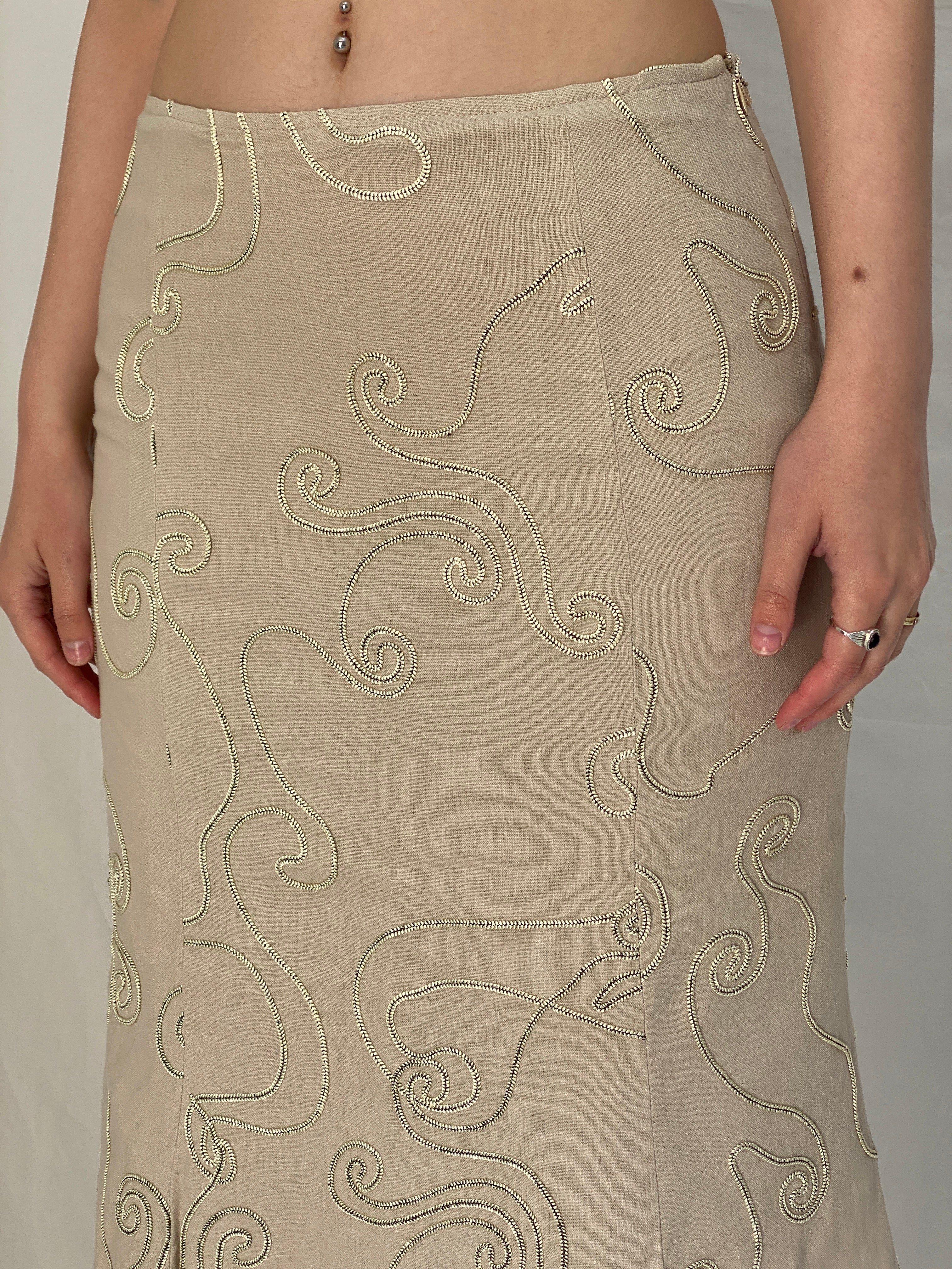 Vintage Jean Joulian Beige Linen Blend Embroidered Midi Skirt - S