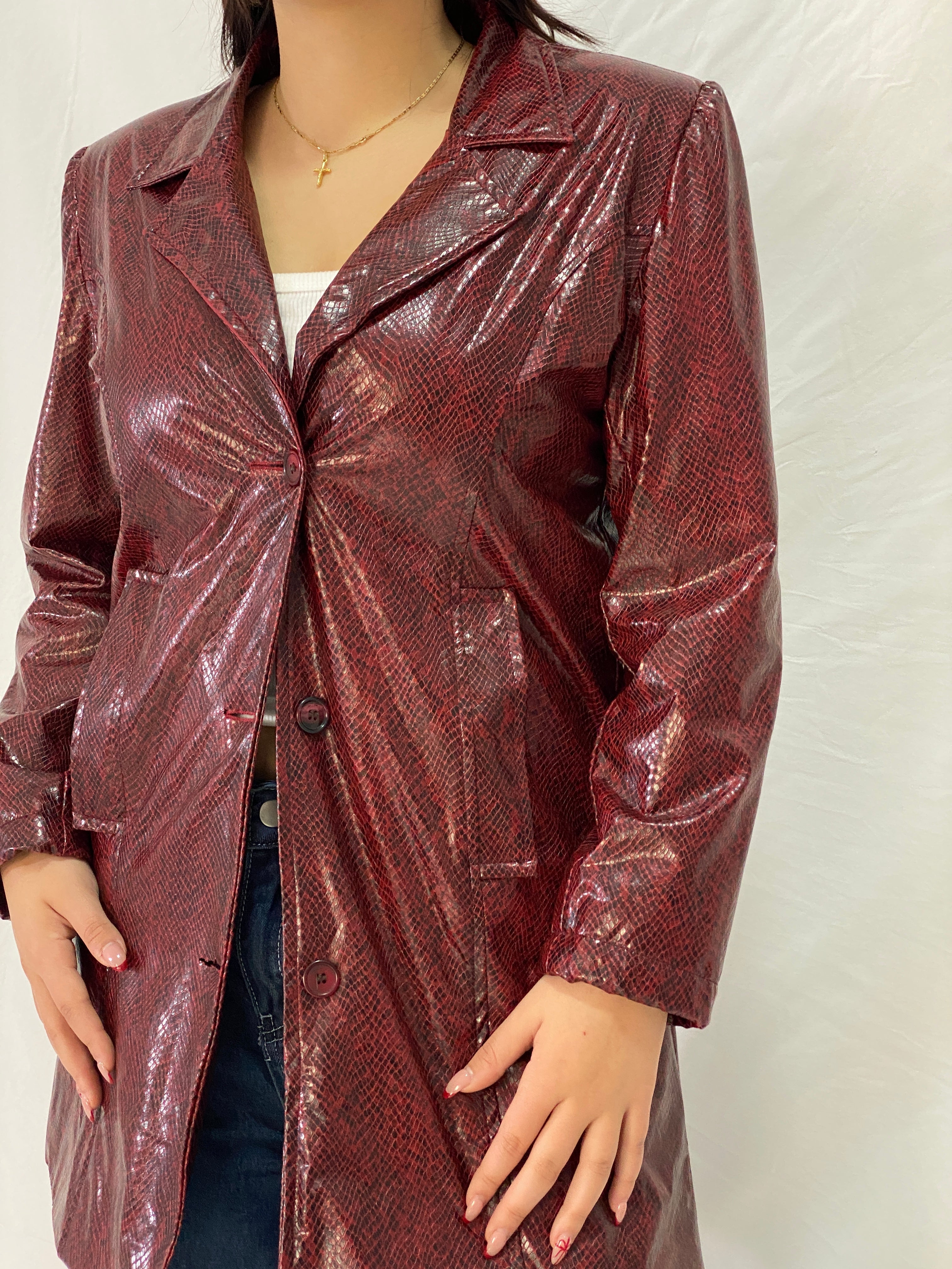 Vintage Burgundy Snakeskin Faux Leather Lined Coat with Leopard Print Interior – M
