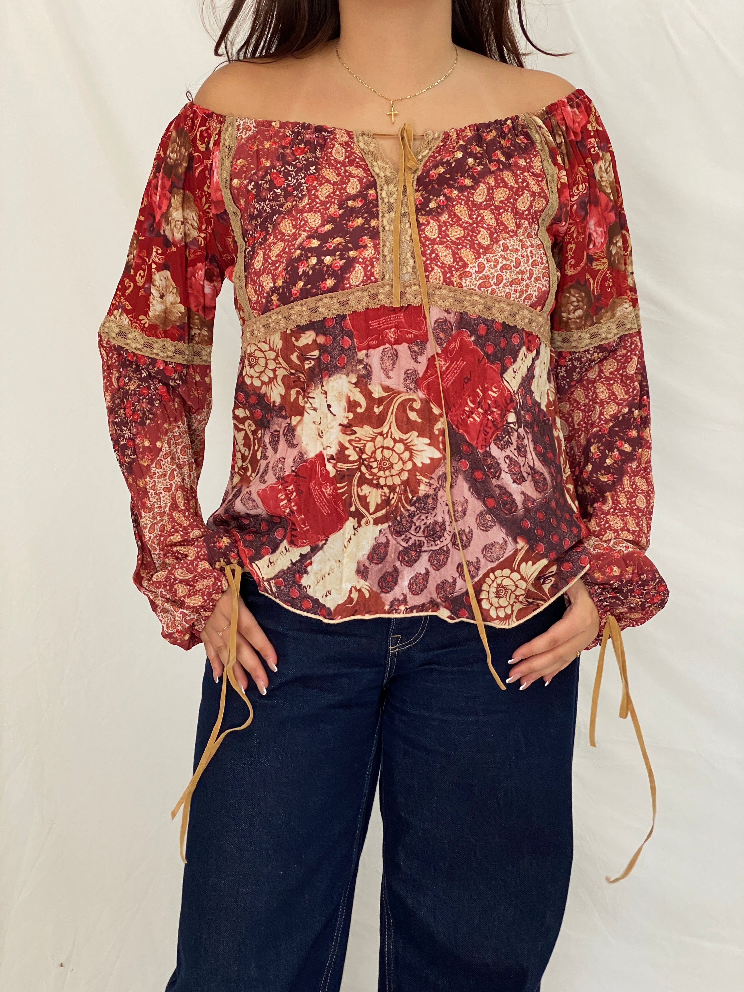 Vintage Y2K Fresh Wear Burgundy Patchwork Cottagecore Peasant Blouse - M