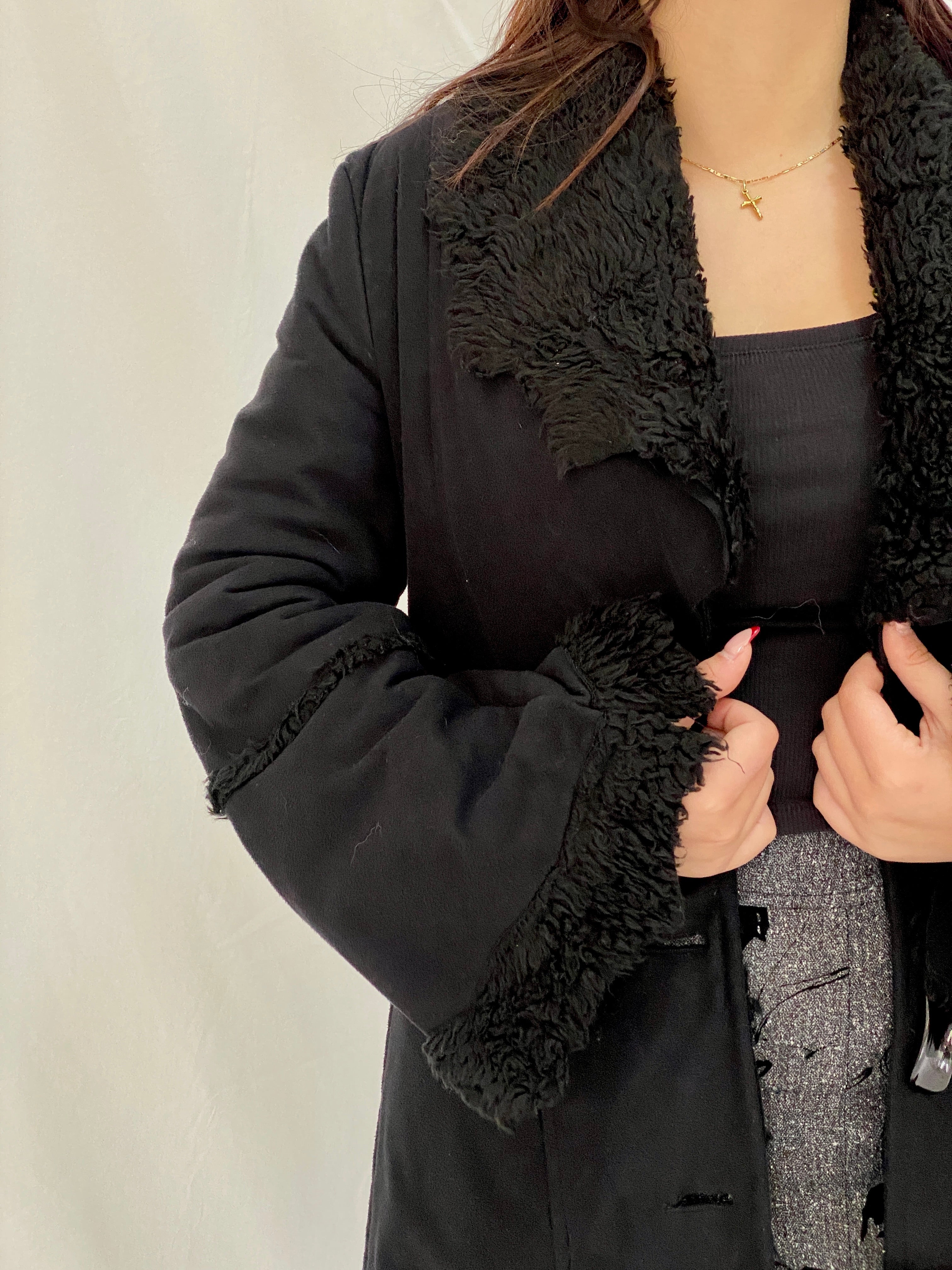 Vintage De Blue Black Penny Lane Faux Fur Lined Long Coat Toggle Closure Jacket - M