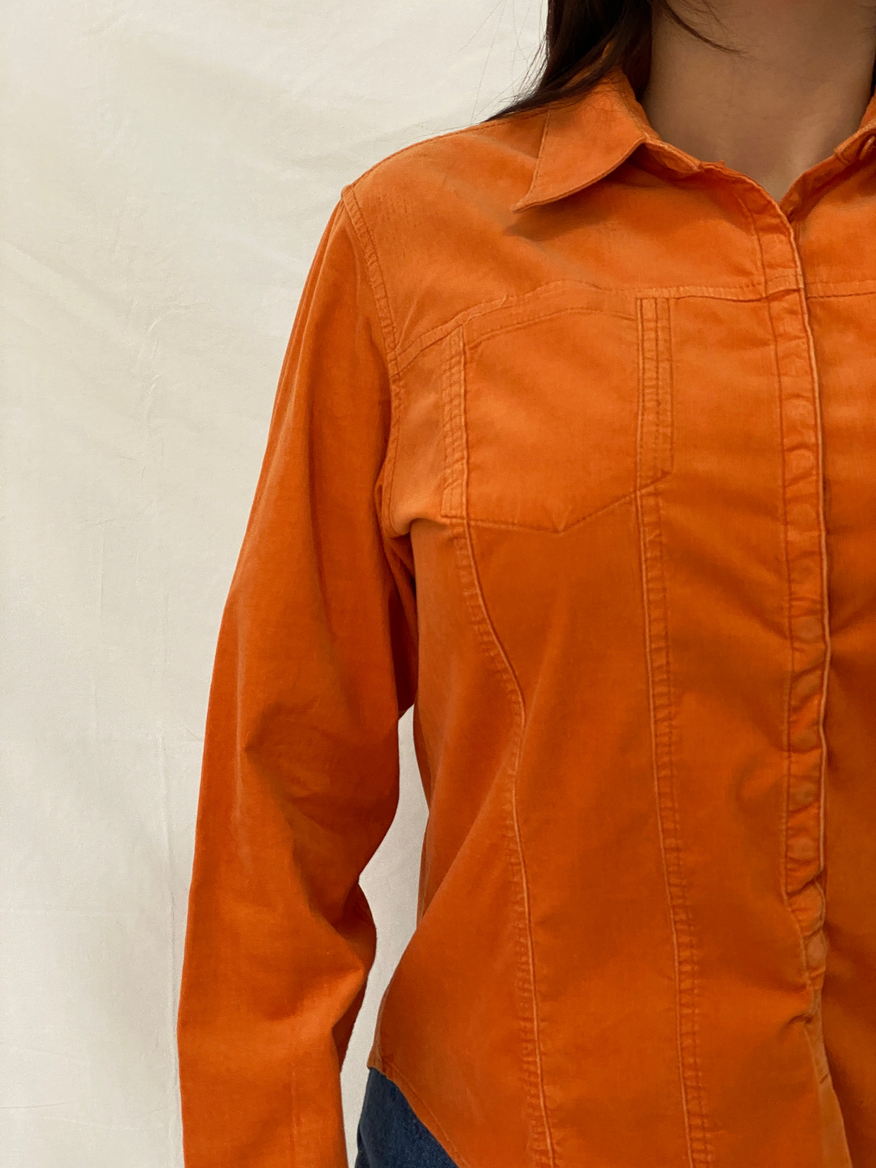 Y2K Liz Claiborne Orange Corduroy Lightweight Full Sleeve Shirt - M